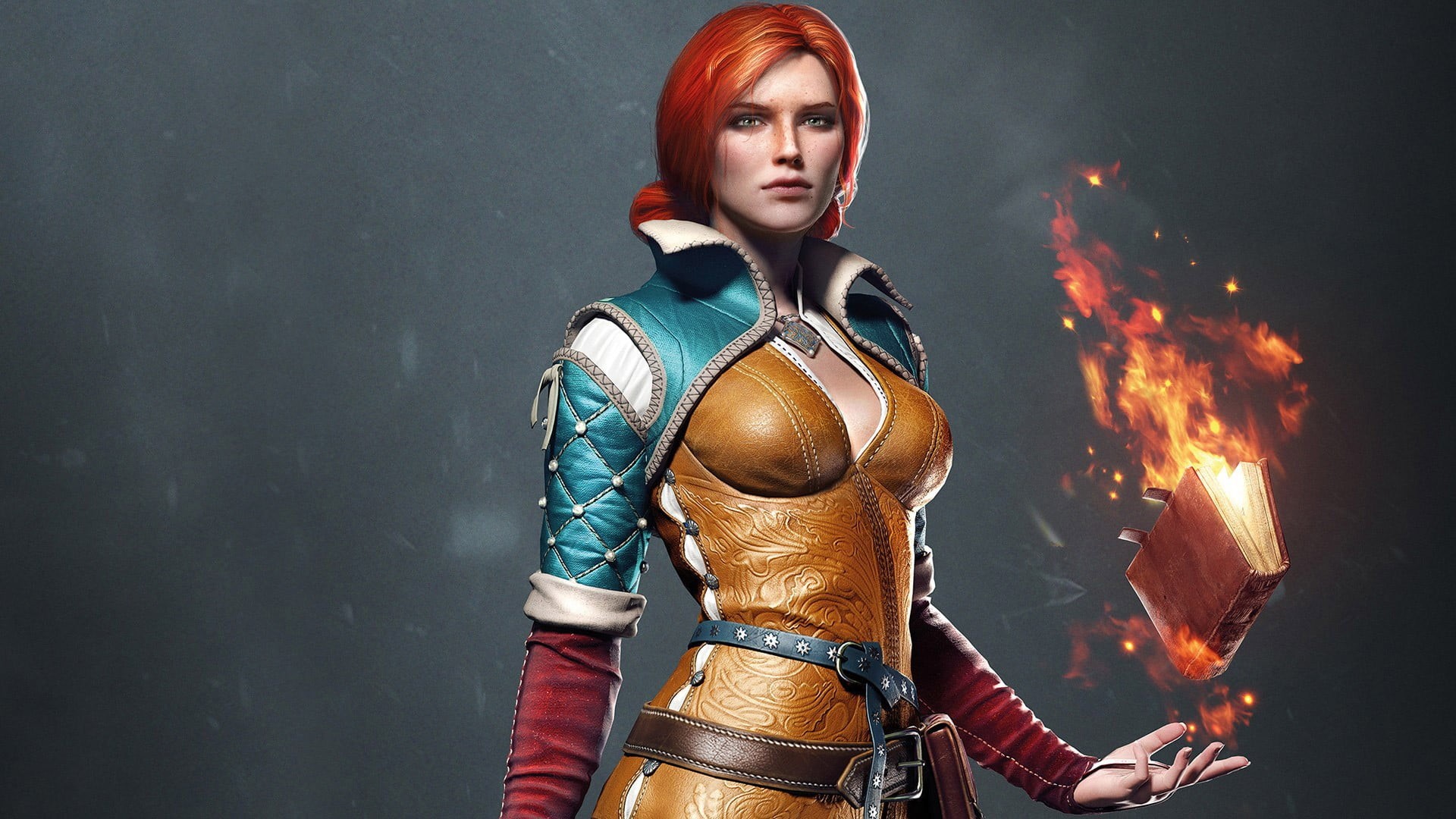 waist up, redhead, female, The Witcher, portrait, 1080P, women, Triss Merigold, flame, beauty, studio shot, black background, females, indoors, hairstyle, HD Wallpaper