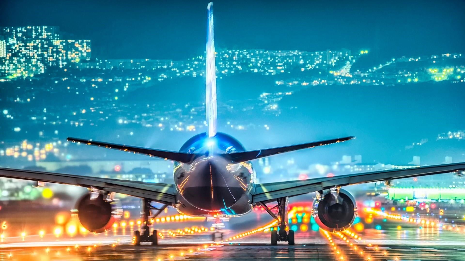 aviation, airplane, outdoors, motion, airport, illuminated, lights, sky, air vehicle, flying, journey, city, commercial airplane, aerospace industry, airline, HD Wallpaper