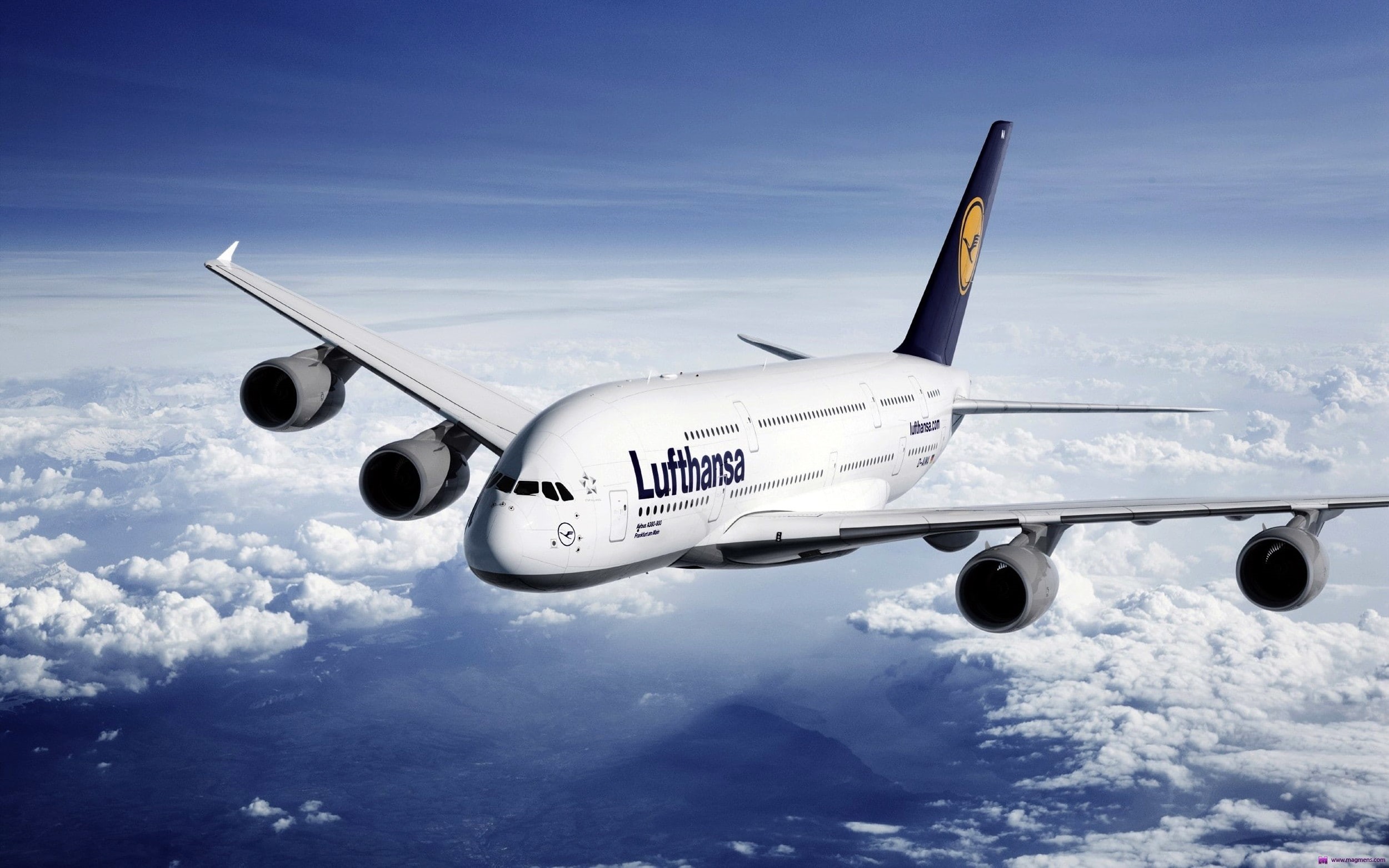 Airbus A-380-861, airplane, mode of transportation, freight transportation, blue, 1080P, aircraft, cloud - sky, journey, air vehicle, no people, above, HD Wallpaper