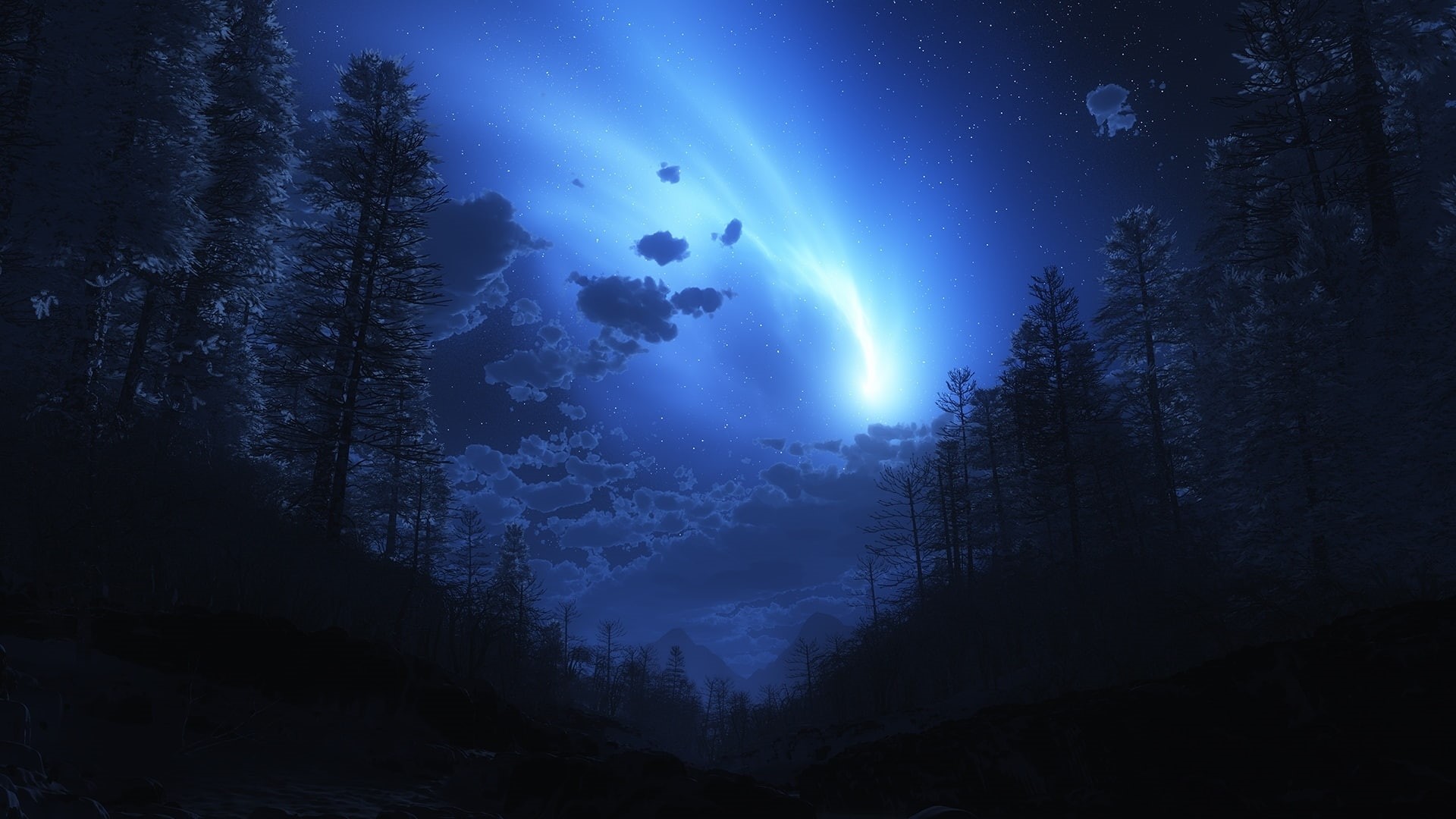 blue, lights, 1080P, northern, aurora, borealis, hd, trees, nature, HD Wallpaper