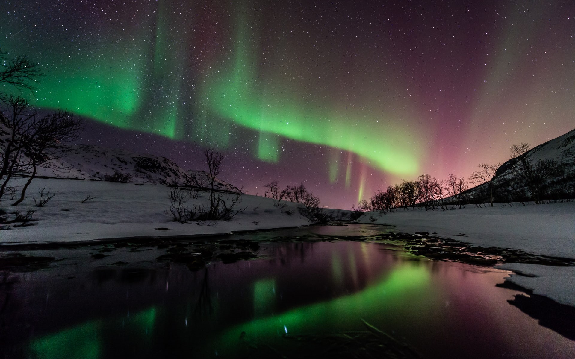 nature, hd, lights, stars, night, northern, snow, reflection, river, green, borealis, 1080P, winter, aurora, HD Wallpaper