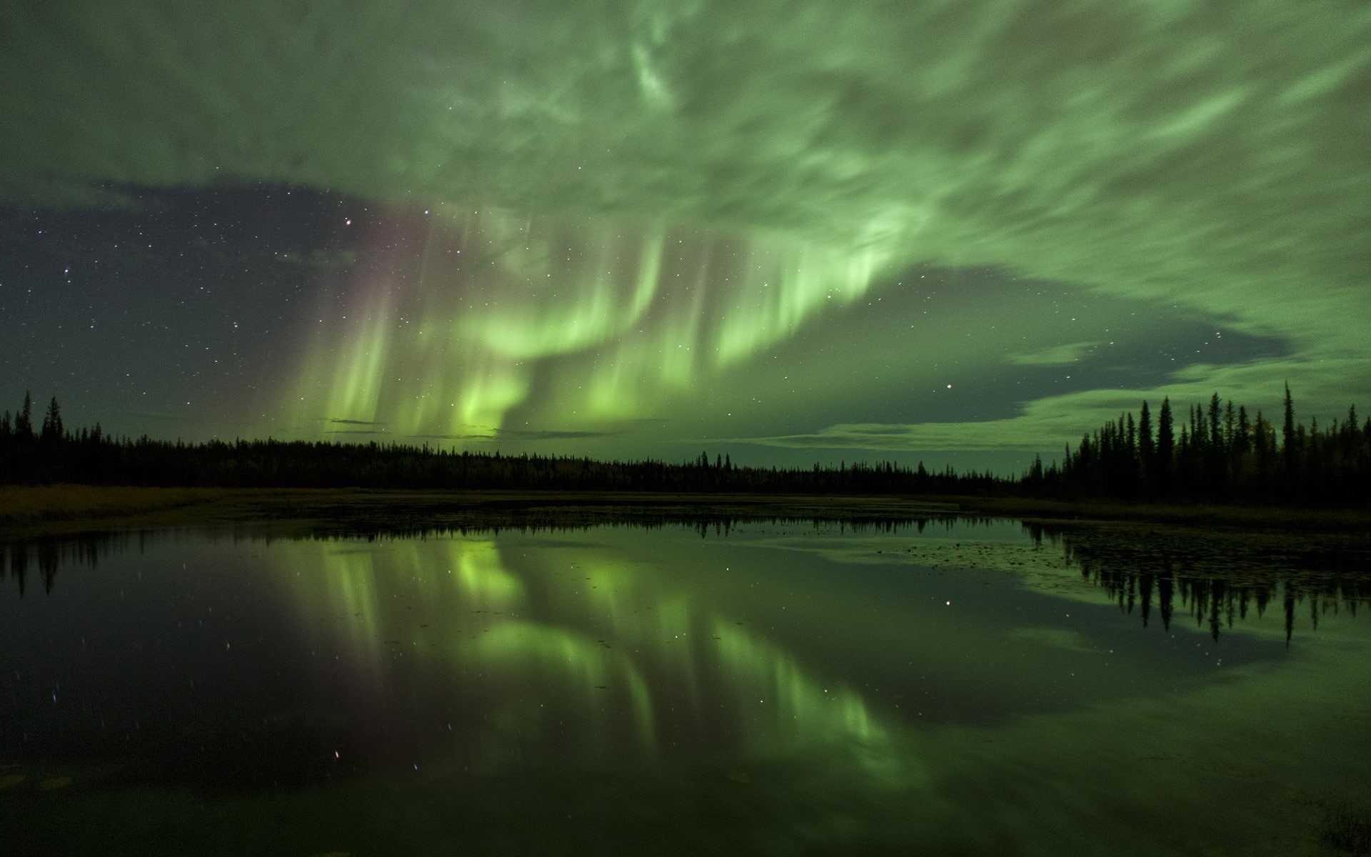 night, reflection, nature, 1080P, borealis, green, stars, hd, lights, northern, aurora, lake, HD Wallpaper