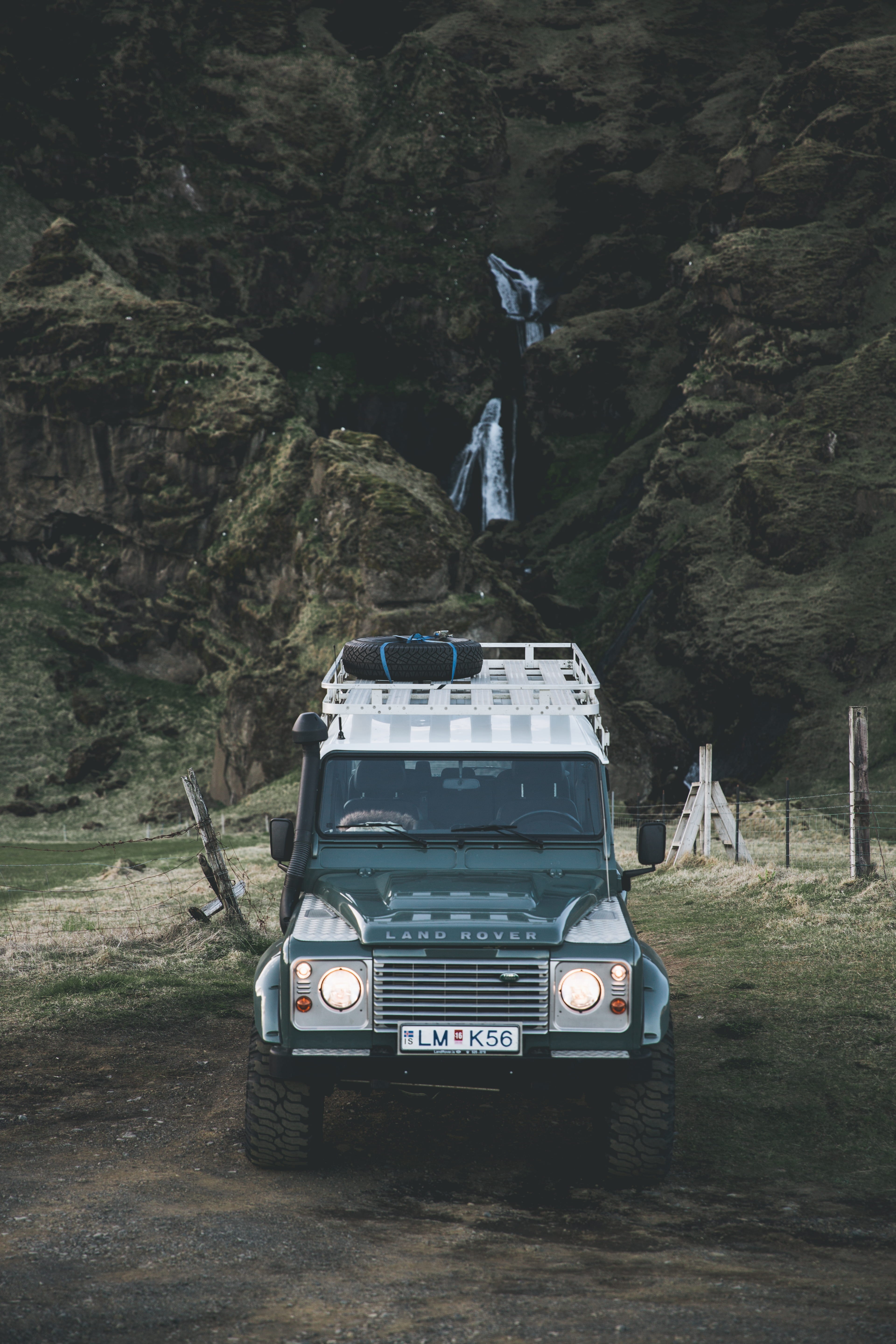brown, outdoors, landscape, 5K, near, travel, waterfall, soil, nature, roadtrip, land rover, tree, adventure, mountain, environment, no people, day, grass, Phone HD Wallpaper