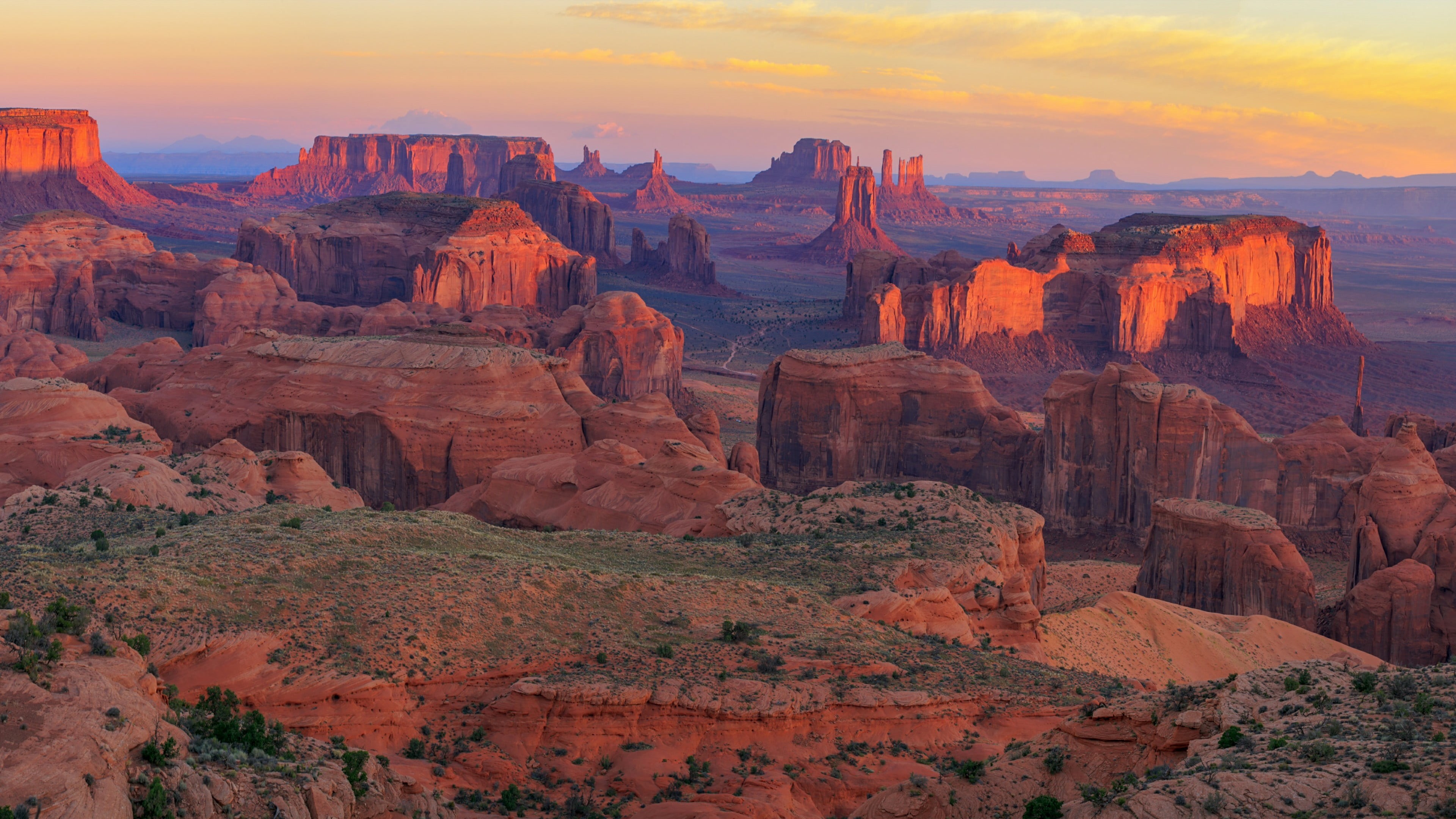sky, scenics - nature, butte, dawn, eroded, 4K, rock - object, formation, sunrise, geology, arid climate, tranquil scene, beauty in nature, tourism, non-urban scene, HD Wallpaper