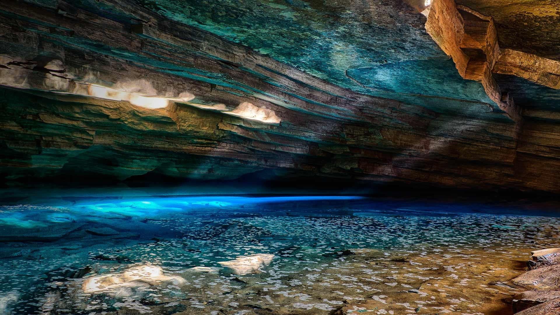 reflection, geology, illuminated, 1080P, scenics - nature, stream, travel, unique place, nature, rock, sea, underground lake, bahia, no people, beauty in nature, HD Wallpaper