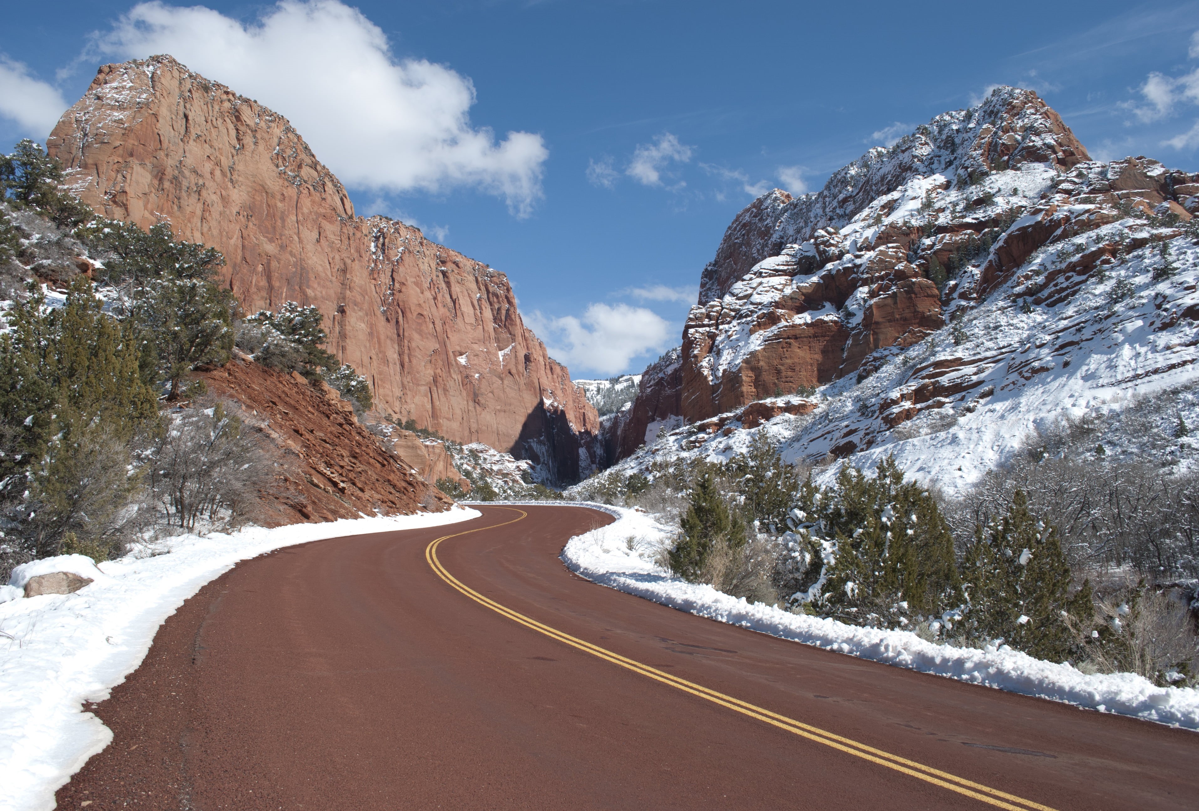 outdoors, covered, Zion  National  Park, landscape, daytime, nature, Geology, Road, curved, mountain, scenics, Winter, Snow, Snowfall, Kolob Canyons, 2K, HD Wallpaper