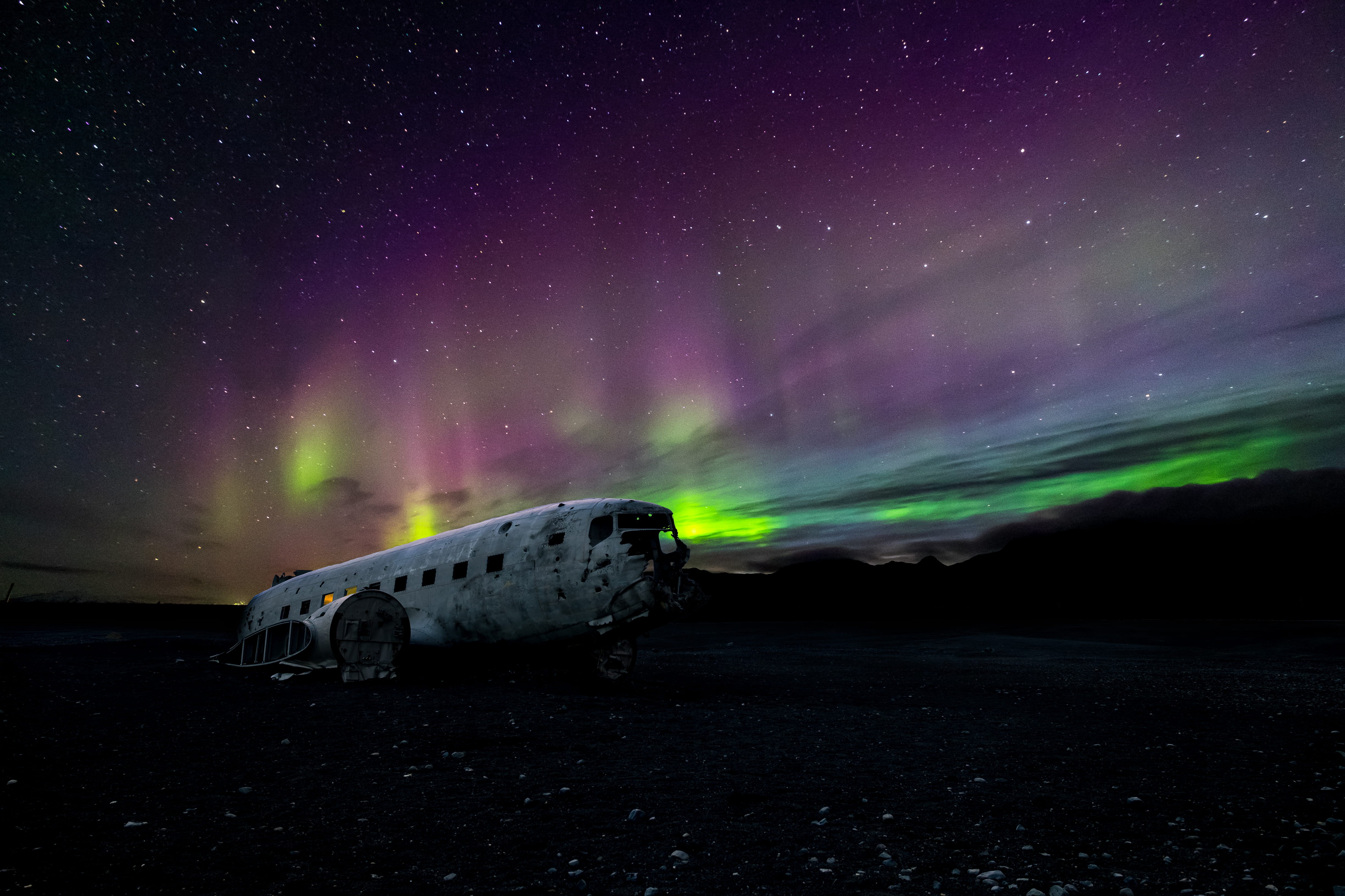 sky, star, night sky, scenics - nature, time, brown, land, abandoned, northern light, tranquility, beauty in nature, iceland, air vehicle, space, 4K, star - space, HD Wallpaper
