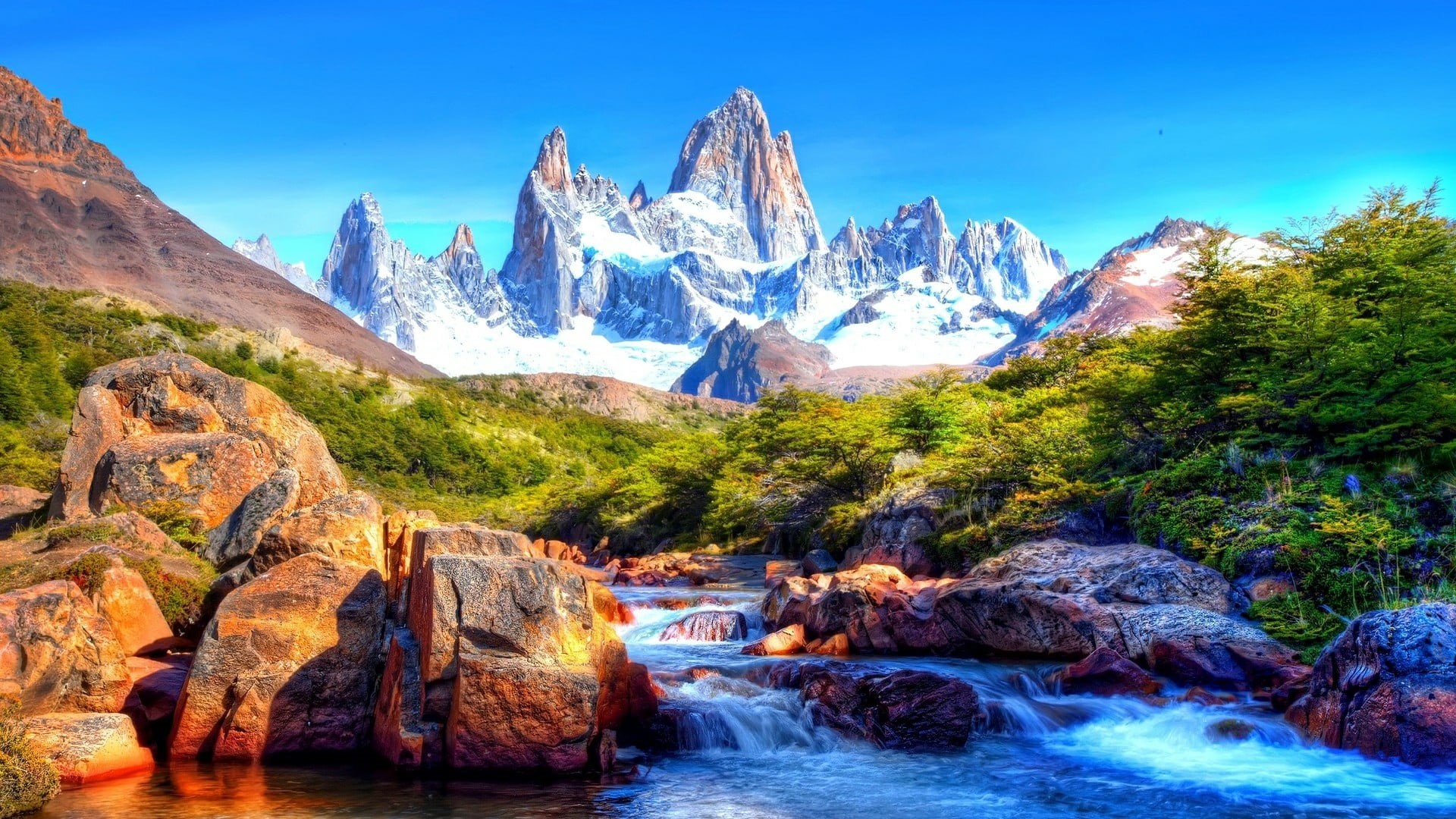national park, outdoors, mountain range, rock - object, flowing water, tree, scenics - nature, water, river, peak, peaks, mt fitz roy, land, tranquil scene, HD Wallpaper