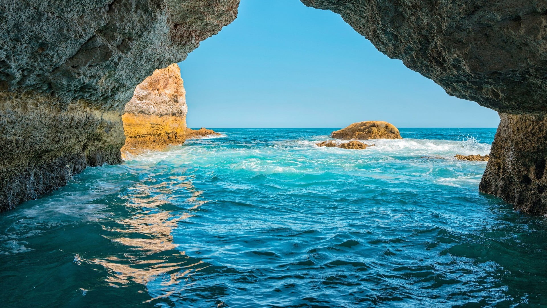 rock, cliff, 1080P, formation, solid, sunlight, azure, nature, arch, coast, rock - object, eroded, sky, horizon over water, portugal, aech, rock formation, HD Wallpaper