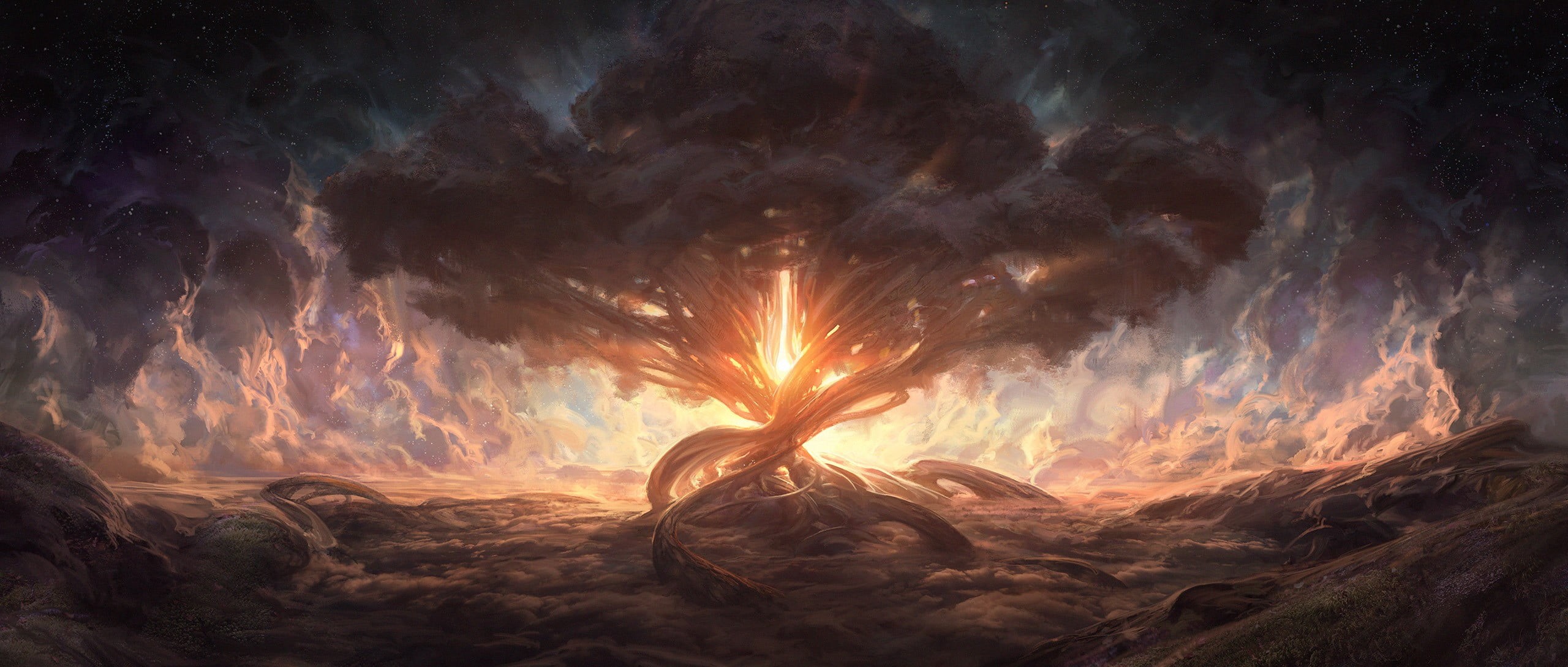 fire, digital, dramatic sky, nature, environment, 2K, sunlight, sun, backgrounds, fantasy art, tree, tranquility, no people, sky, cloud - sky, brown, HD Wallpaper