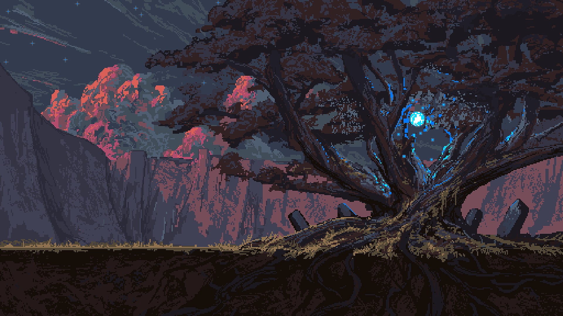 roots, Noah Bradley, 1080P, trees, magic, pixel art, HD Wallpaper