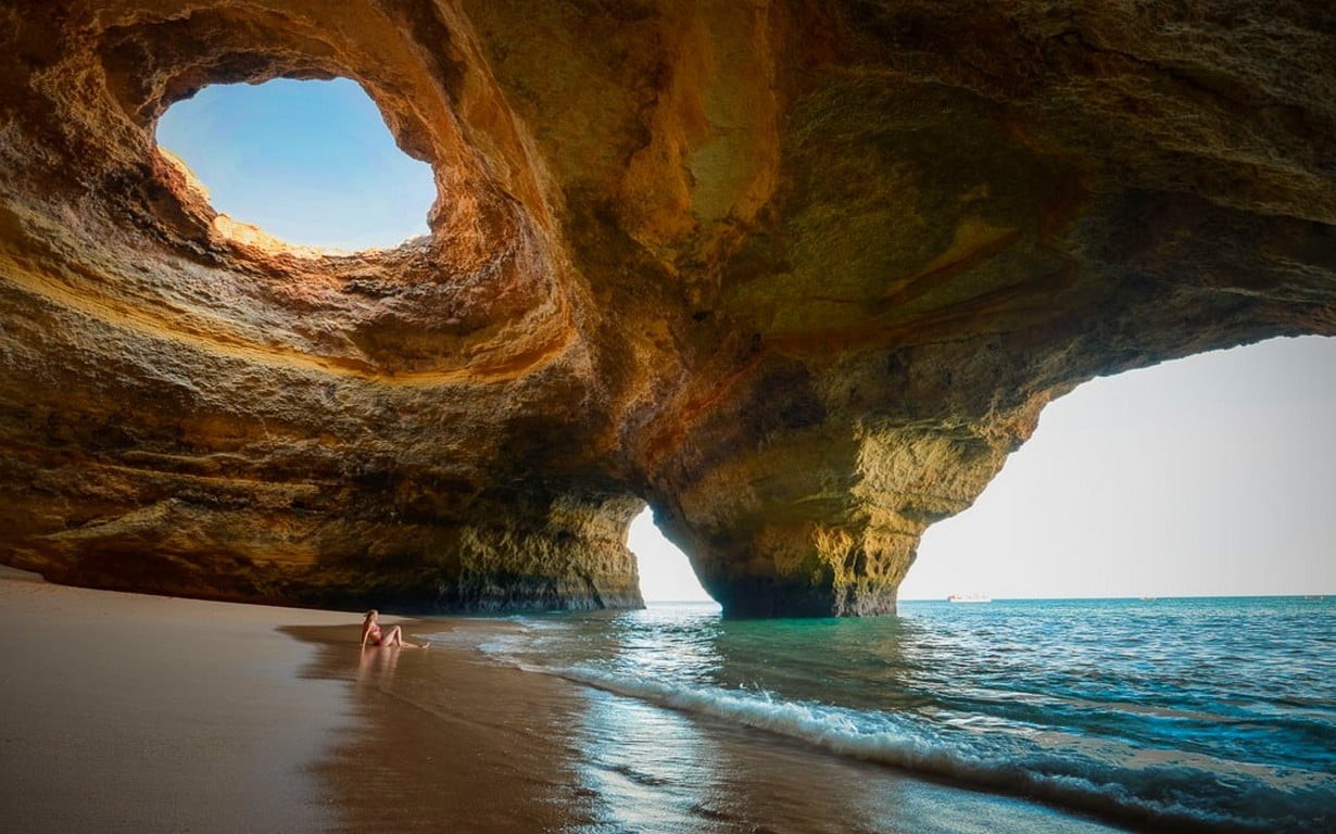 rock, day, eroded, natural arch, nature, sand, tranquility, sea, erosion, arch, beauty in nature, sky, landscape, women, water, cave, horizon over water, HD Wallpaper