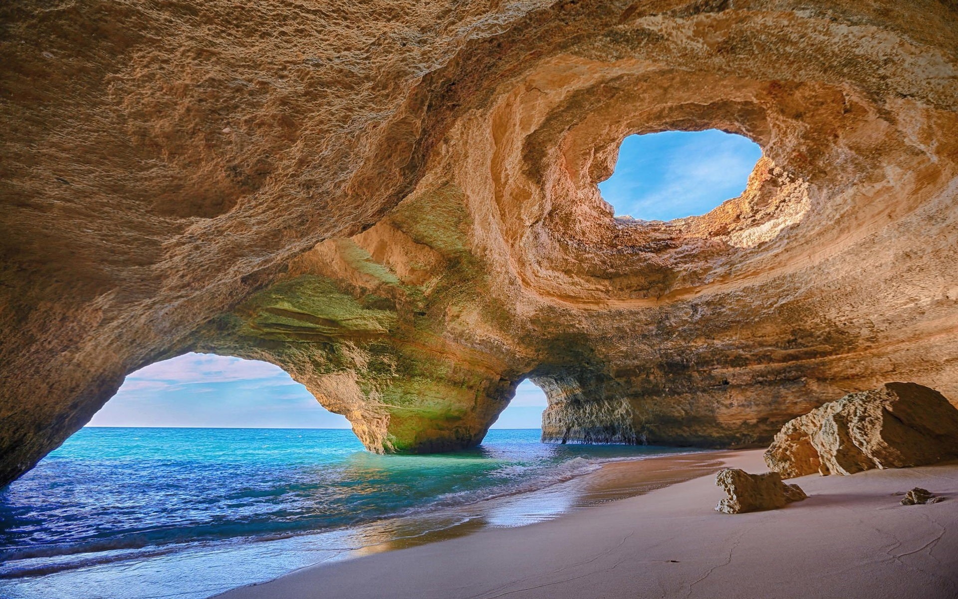 sand, Algarve (Portugal), nature, cave, 1080P, landscape, erosion, Portugal, rock, water, beach, sea, HD Wallpaper