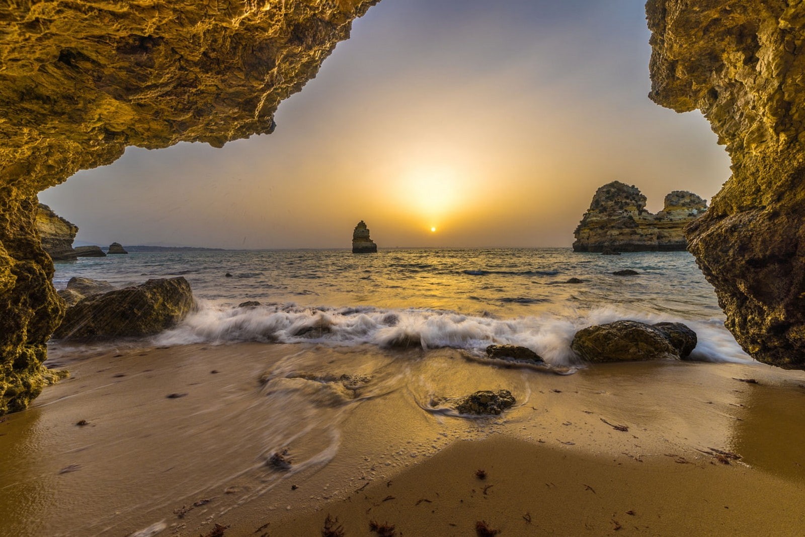 Portugal, cave, sand, 720P, beach, sea, horizon, landscape, rock, nature, HD Wallpaper