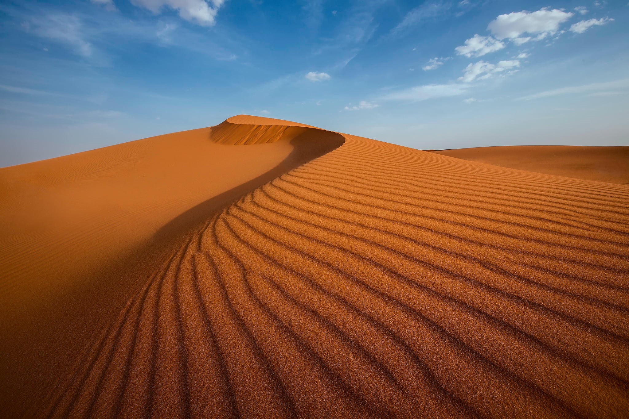 blue, sandy Brown, landscape, tranquility, cloud - sky, climate, no People, tranquil scene, morocco, hill, heat - Temperature, sahara Desert, summer, orange Color, HD Wallpaper