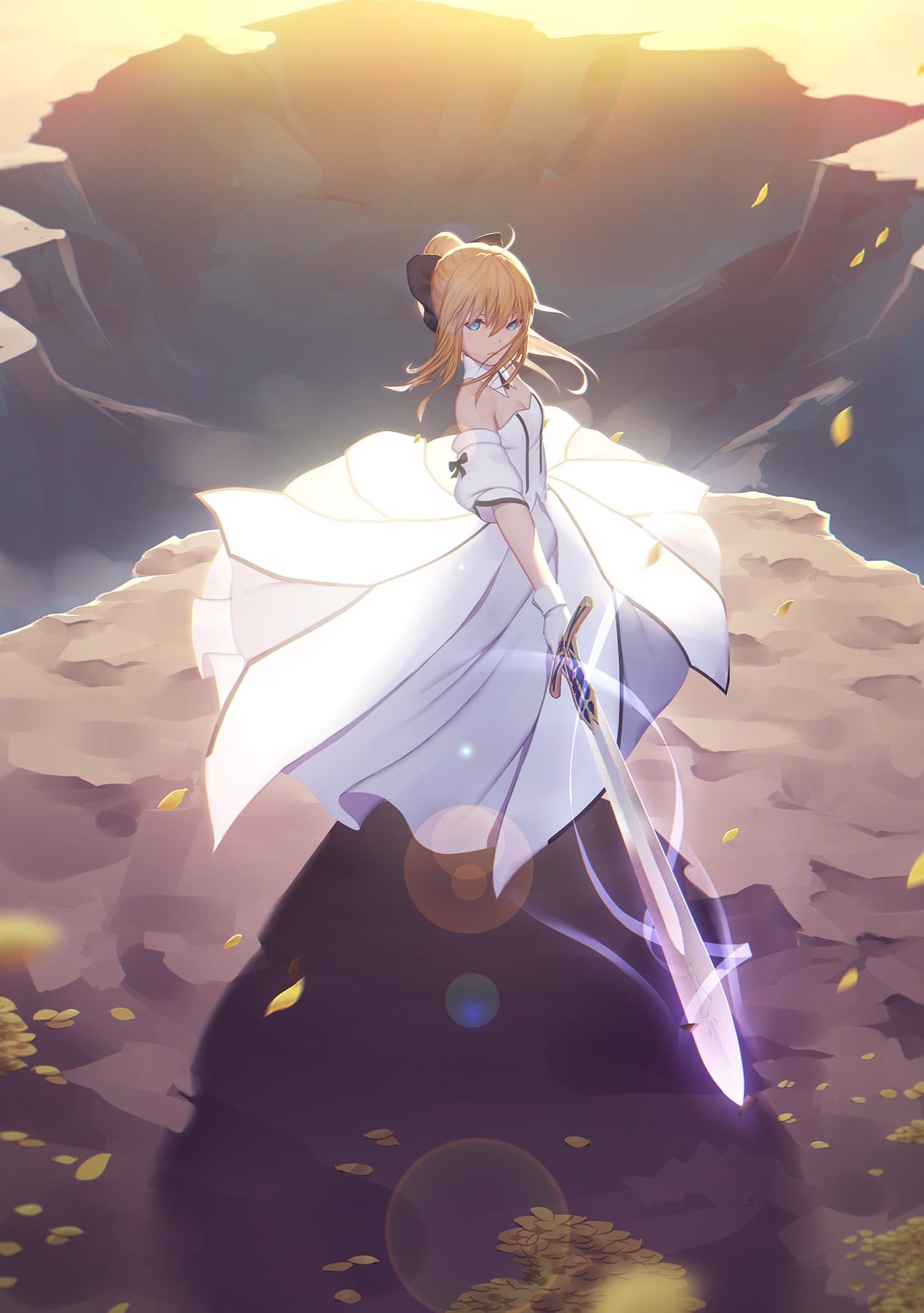 night, sword, back lit, beautiful woman, young adult, nature, 720P, Fate Series, digital, artoria, Saber Lily, holding, celebration, stay, sky, Phone HD Wallpaper