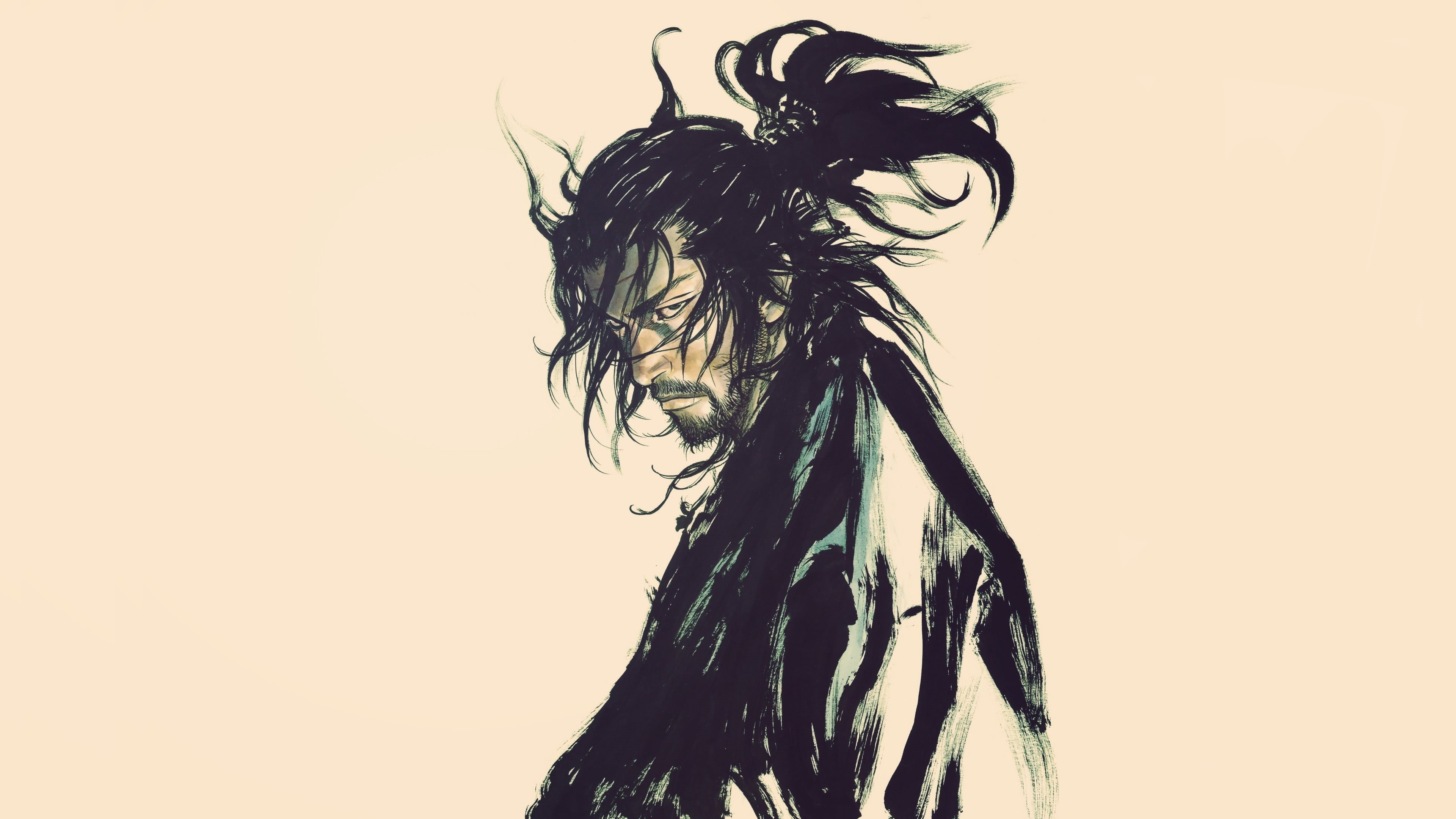 beards, simple background, 4K, manga, Miyamoto Musashi, Vagabond, Fantasy Men, Inoue takehiko, samurai, HD Wallpaper