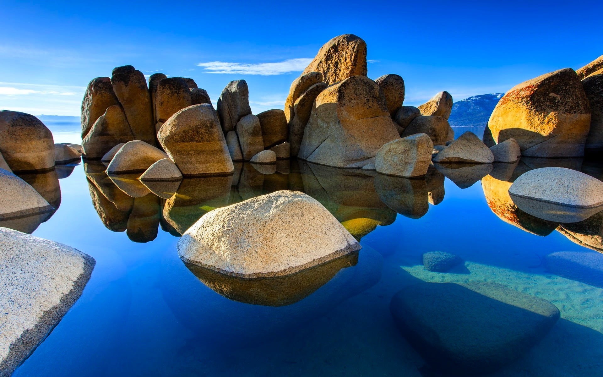 blue, scenics - nature, tranquility, 1080P, brown, underwater, formation, clouds, calm, reflection, sunlight, stones, tranquil scene, calm waters, large group of objects, HD Wallpaper