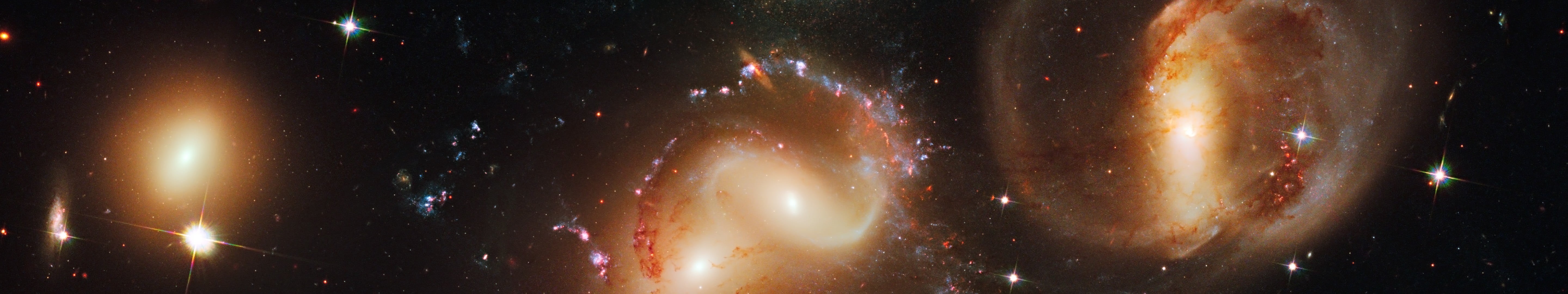 panoramic, outdoors, galaxy, Stephans Quintet, sky, mystery, illuminated, assorted, nebula, nature, arts culture and entertainment, water, night, ESA, multiple display, HD Wallpaper