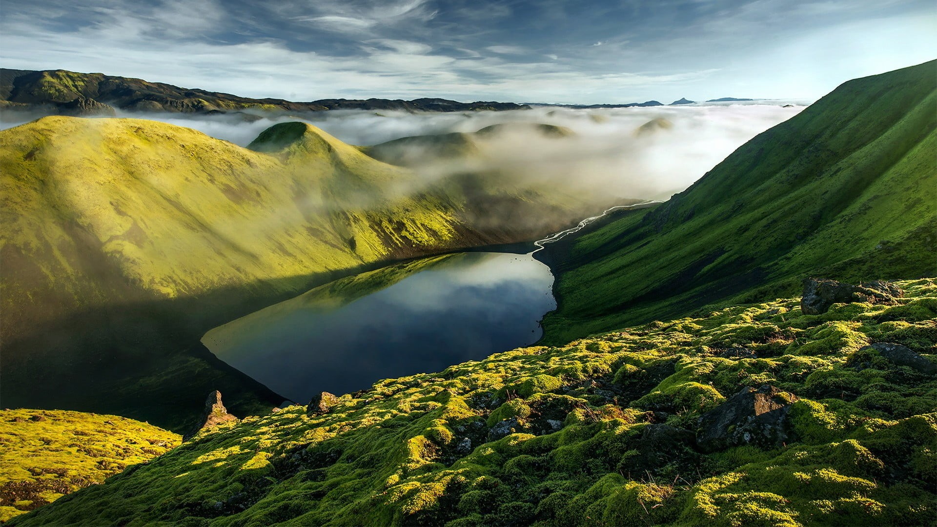 reflection, volcanic crater, mountain, mountain peak, landscape, stones, mountains, mountain range, land, grass, fog, plant, environment, 1080P, stream, HD Wallpaper