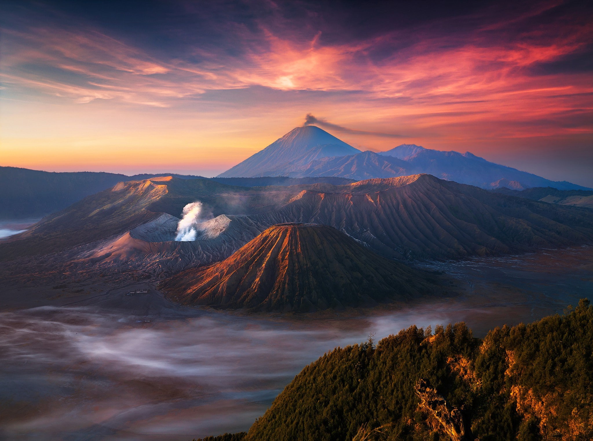 active volcano Bromo, complex, clouds, morning, Indonesia, Tengger, volcanic, sky, caldera, volcanic caldera complex, fog, 1080P, Java, Tenger, HD Wallpaper