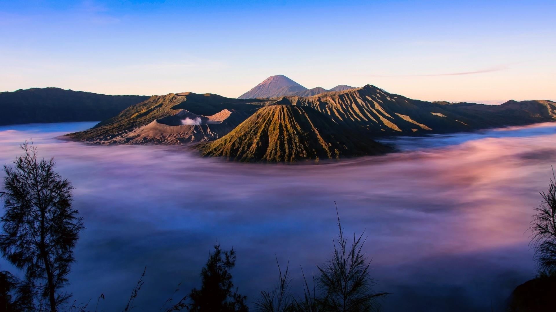 sunset, sunrise, phenomenon, land, crater lake, no people, nature, tree, dawn, geology, java, indonesia, tranquil scene, mount bromo, cloud - sky, national park, HD Wallpaper