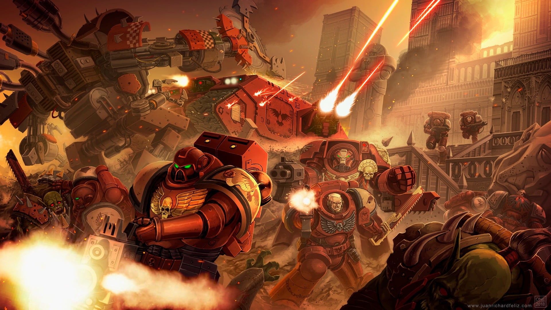 1080P, space marines, Blood Ravens, orcs, terminator armor, Warhammer 40 000, tank, HD Wallpaper