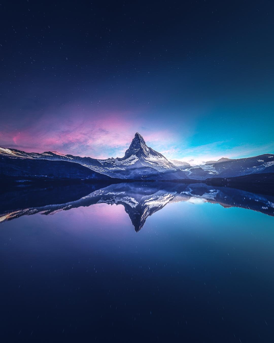 landscape, reflection, star - space, environment, 720P, body, snow, Matterhorn, lake, water, mountain, mountains, tranquil scene, winter, night, sky, beauty in nature, Phone HD Wallpaper