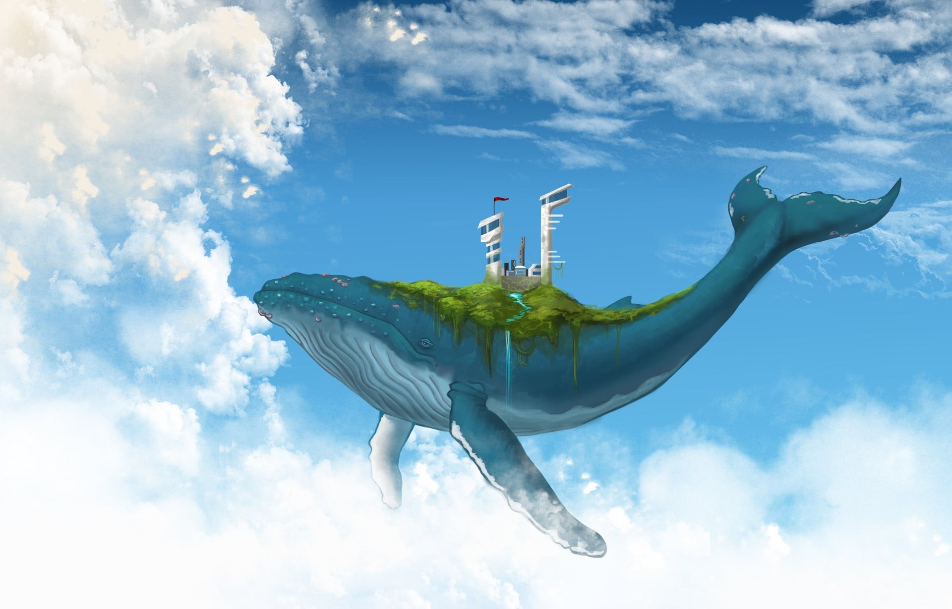 animal, clouds, digital composite, animals, floating, white, statue, outdoors, 1080P, building, nature, no people, day, bird, one animal, animal representation, HD Wallpaper