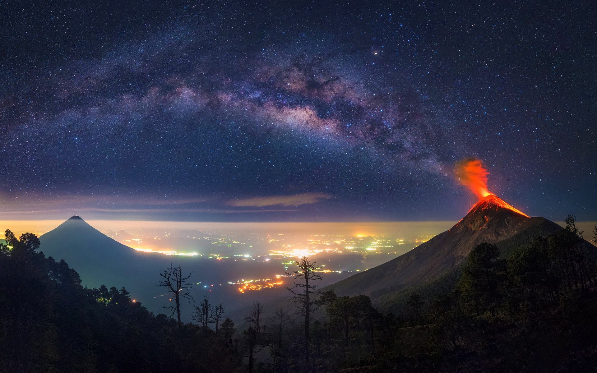 space, Guatemala, Milky Way, horizon, 1080P, nature, landscape, volcano, HD Wallpaper