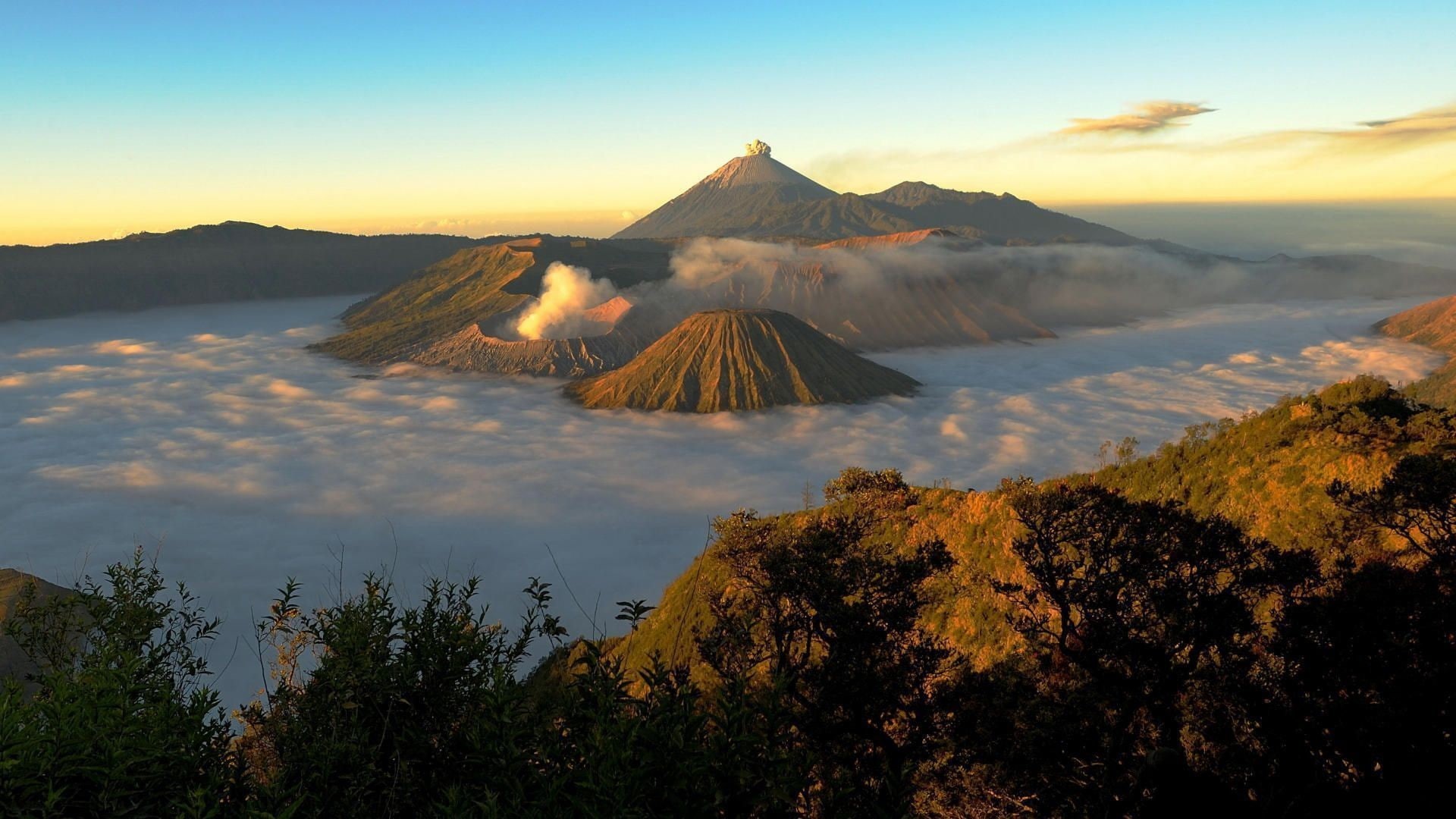tranquility, 1080P, sky, environment, Mount Bromo, mountain peak, nature, scenics - nature, tree, volcano, mountain, non-urban scene, land, geology, landscape, HD Wallpaper