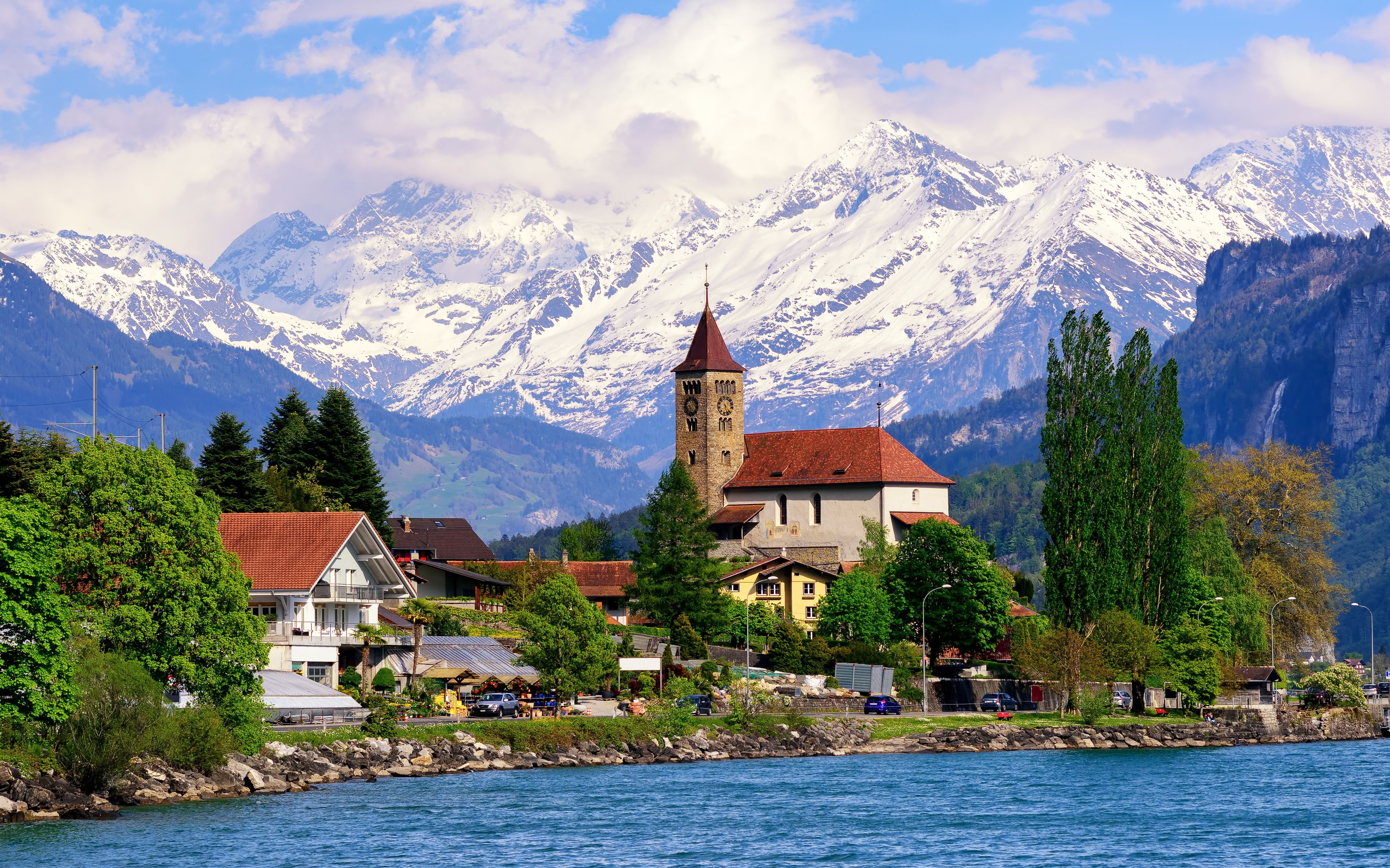 houses, desktop, brienz, photography, switzerland, landscape, mountains, snowy, hd, 5K, lake, android, tablet, village, phones, HD Wallpaper