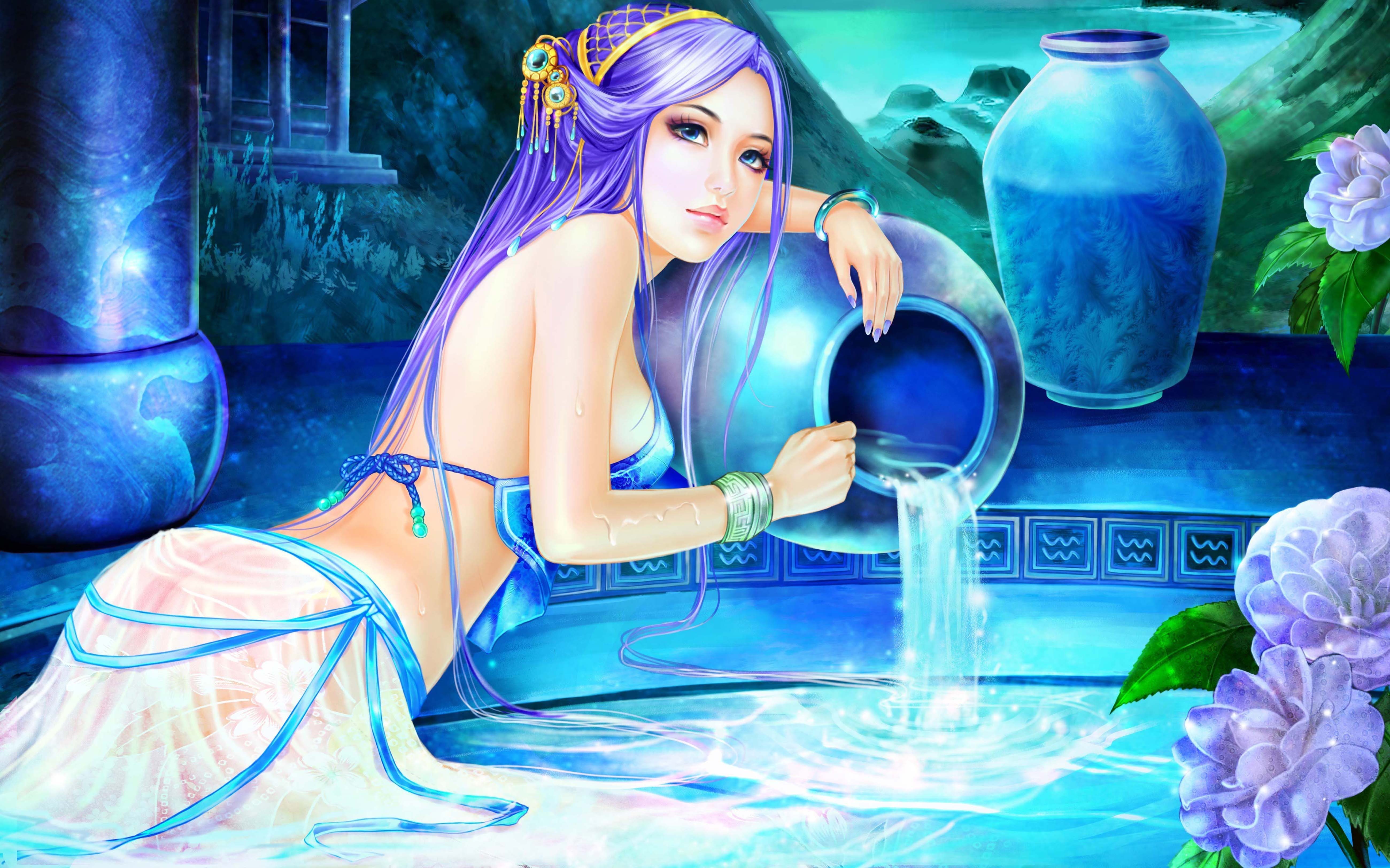 bowls, desktop, girl, hd, fantasy, astrology, water, aquarius, mobile, phones, pc, flowers, art, 5K, signs, tablet, zodiac, HD Wallpaper