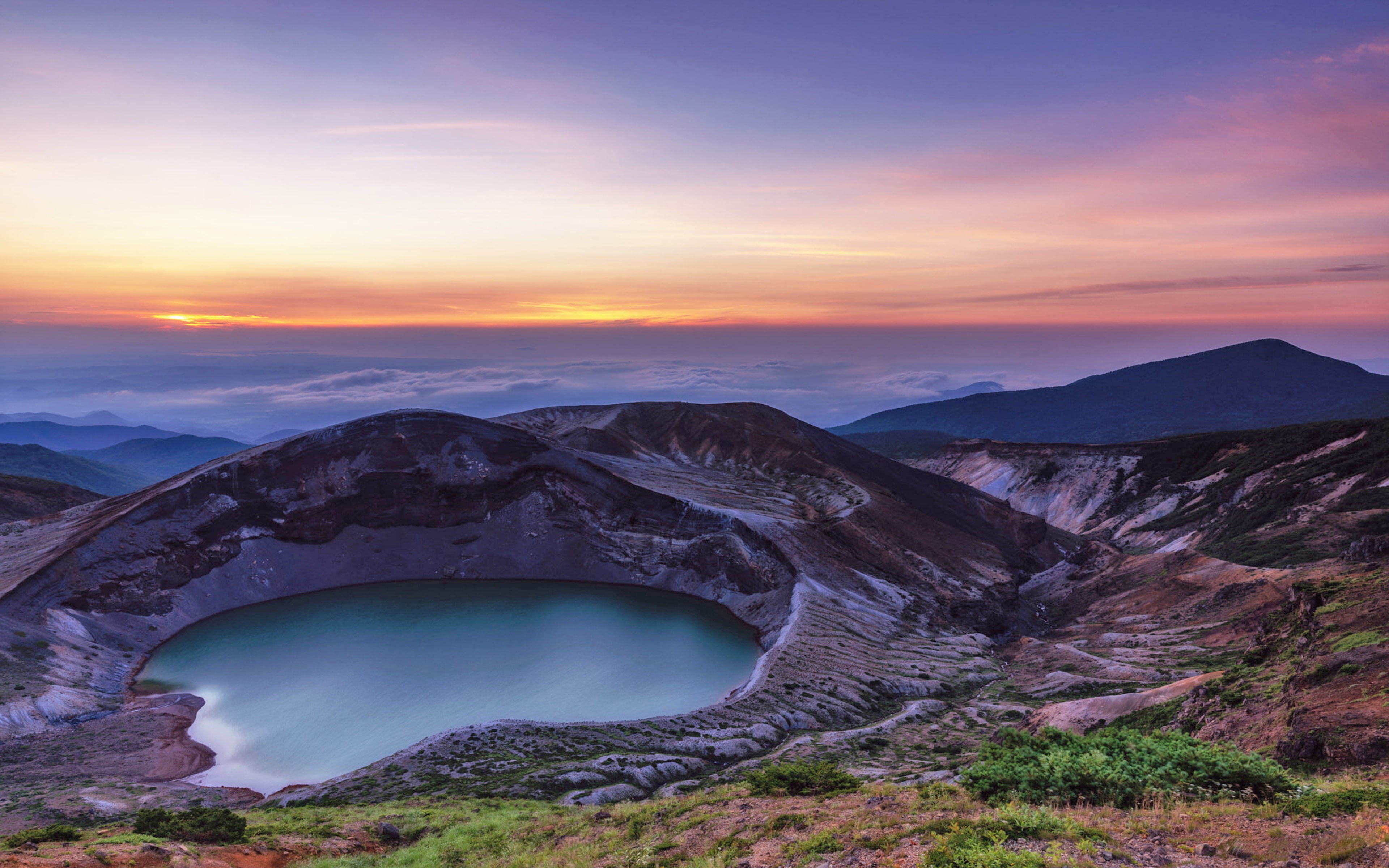 outdoors, sky, mobile, japan, mountain, volcano, town, environment, geology, zao, tablet, hd, nature, tranquil scene, scenics - nature, dawn, non-urban scene, HD Wallpaper