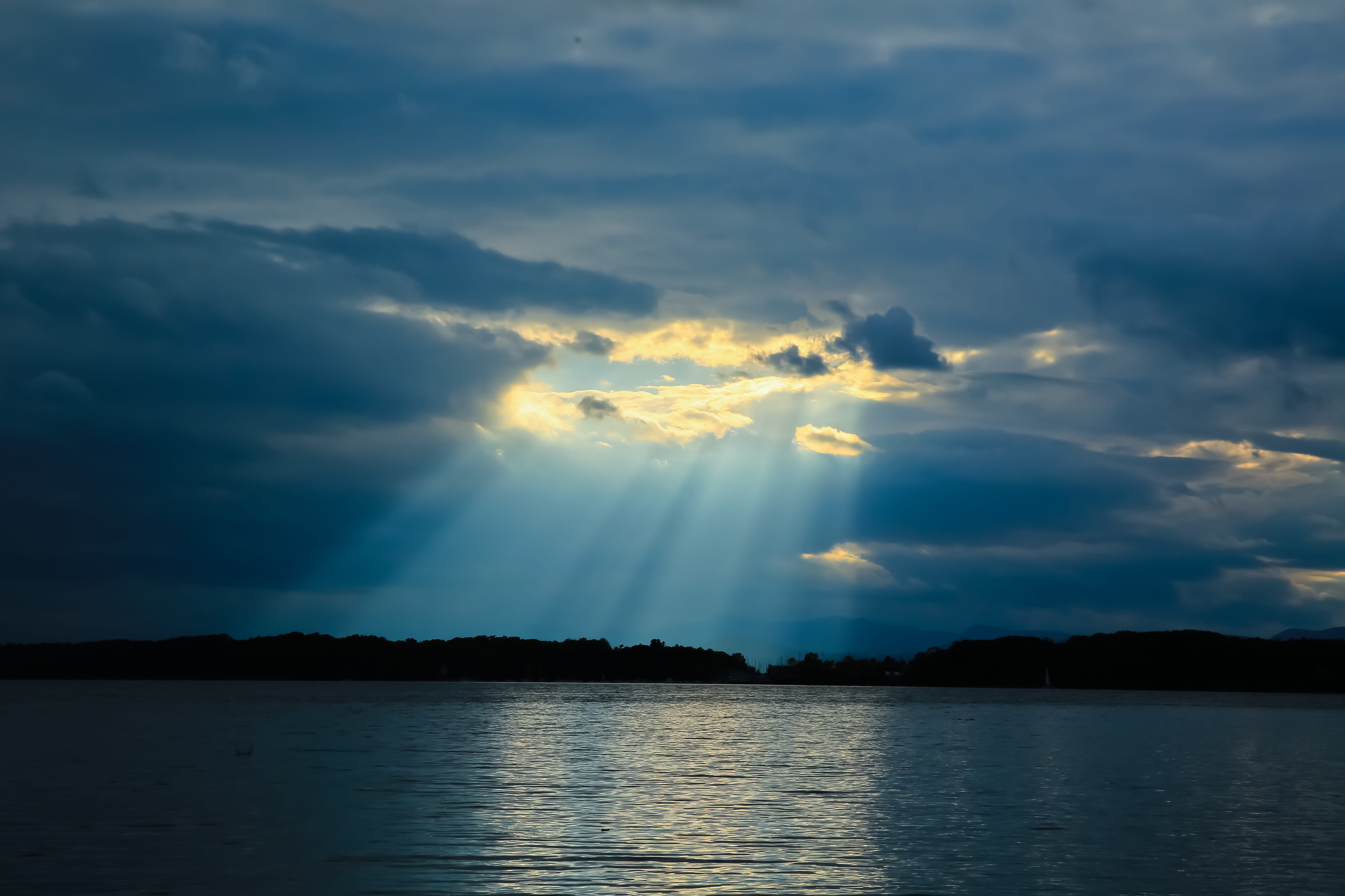 beauty in nature, sunset, sunlight, divine, cloud - sky, ominous, waterfront, sky, storm, outdoors, clouds, divinity, scenics - nature, lake, 5K, dramatic sky, HD Wallpaper
