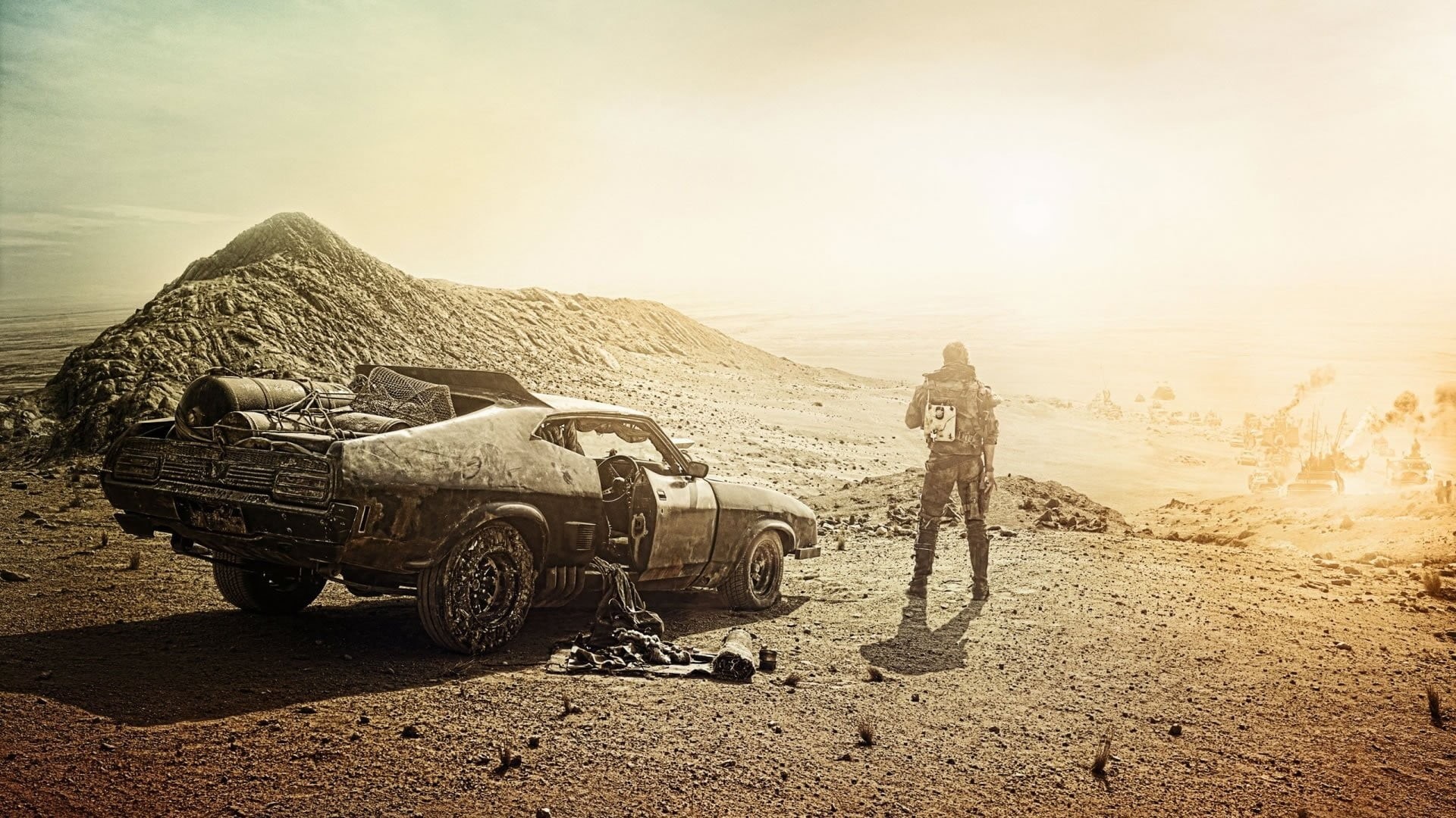 motorcycle, desert, beside, road, mountain, outdoors, Mad Max: Fury Road, astronaut, sky, land, land vehicle, dirt road, vehicle, day, men, architecture, HD Wallpaper