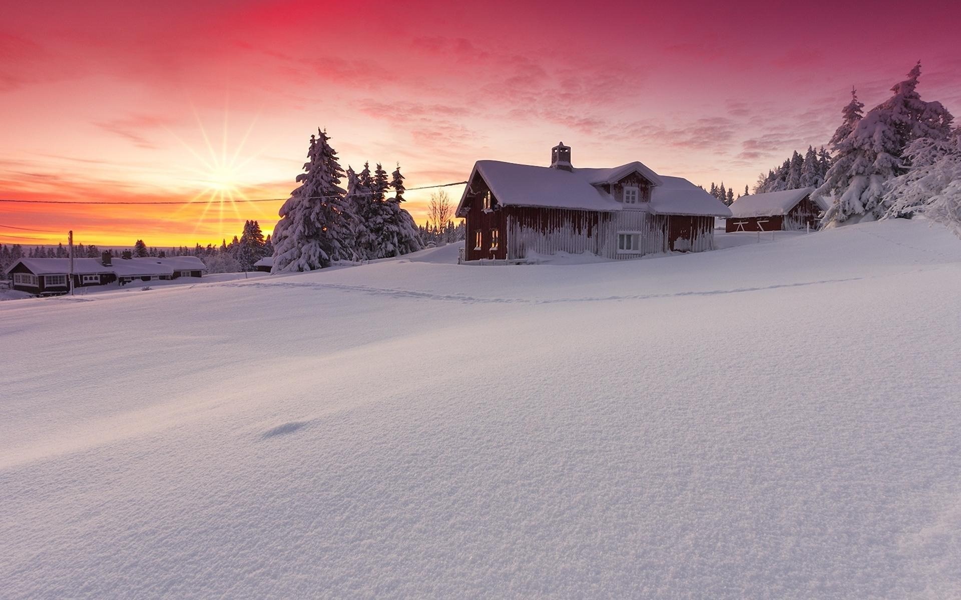 tree, scenics - nature, land, scenery, landscape, nature, sun, no people, windows, frozen, plant, sunset, hd, house, sky, field, snow, architecture, desktop, HD Wallpaper