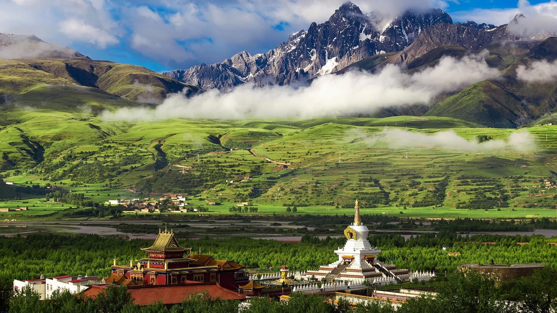garze, scenics - nature, mount scenery, stupa, plant, travel, china, no people, travel destinations, sky, beauty in nature, religion, building, temple, HD Wallpaper