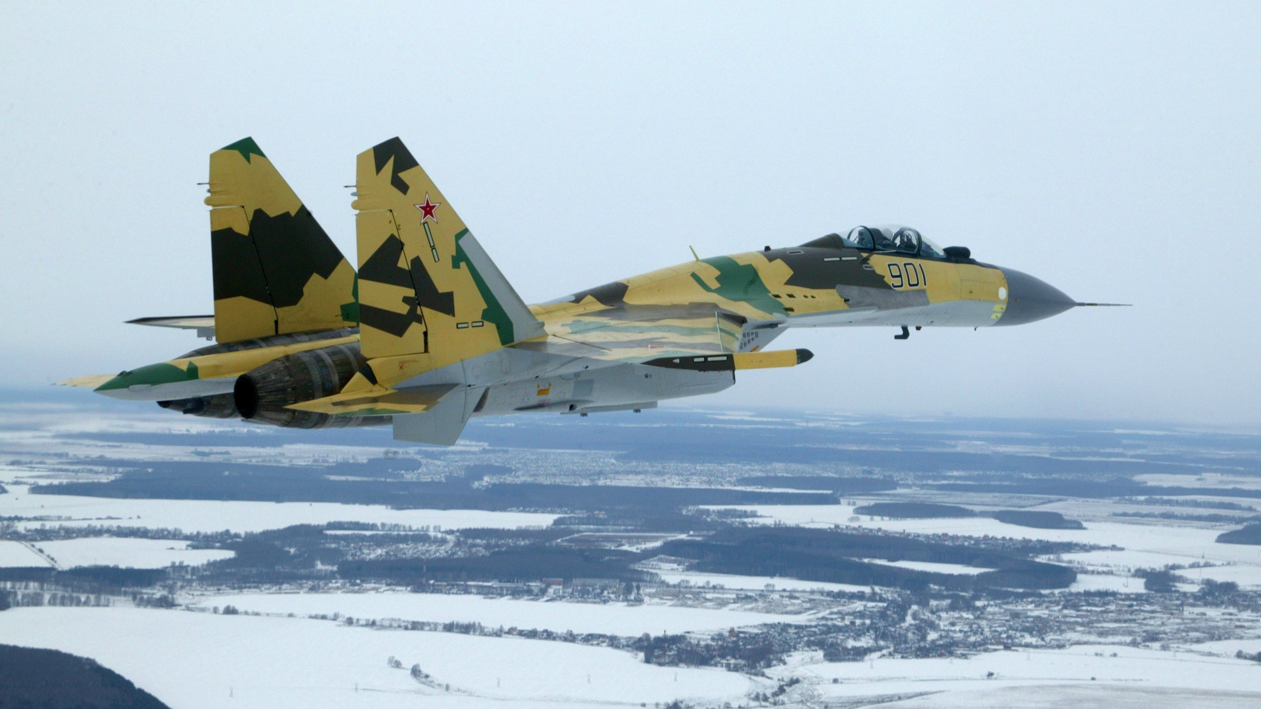winter, military airplane, aerospace industry, cold temperature, motion, Russian Air Force, mode of transportation, jet fighter, Sukhoi, sky, no people, HD Wallpaper