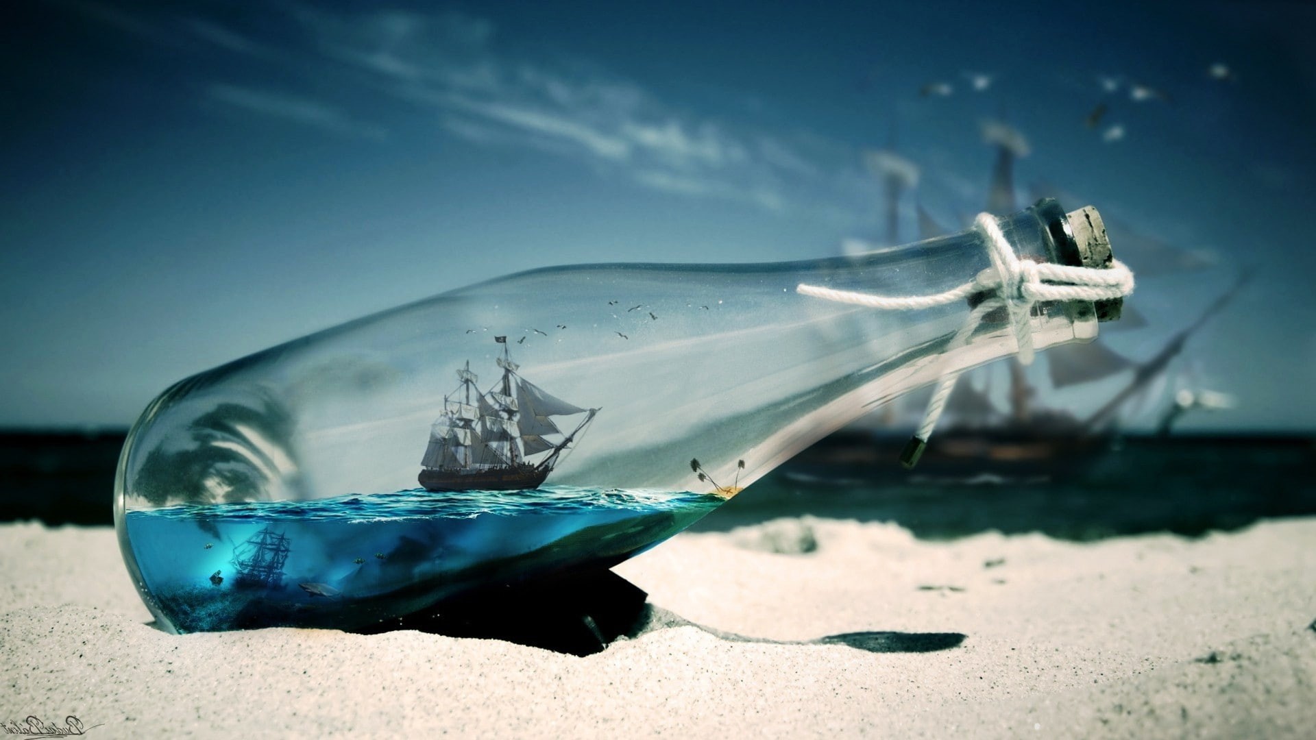 ocean, nature, hd, sand, artwork, bottles, ships, oceans, x, sea, art, 1080P, Blue, HD Wallpaper