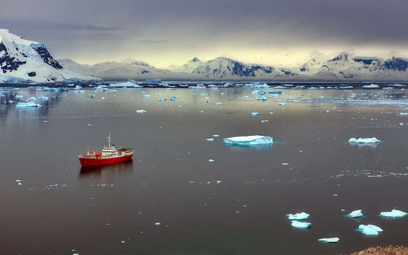 sea, water, frozen, mountain, lagoon, nature, tranquility, mountain range, ship, environment, no people, body, reflection, red, sunlight, clouds, snowcapped mountain, HD Wallpaper
