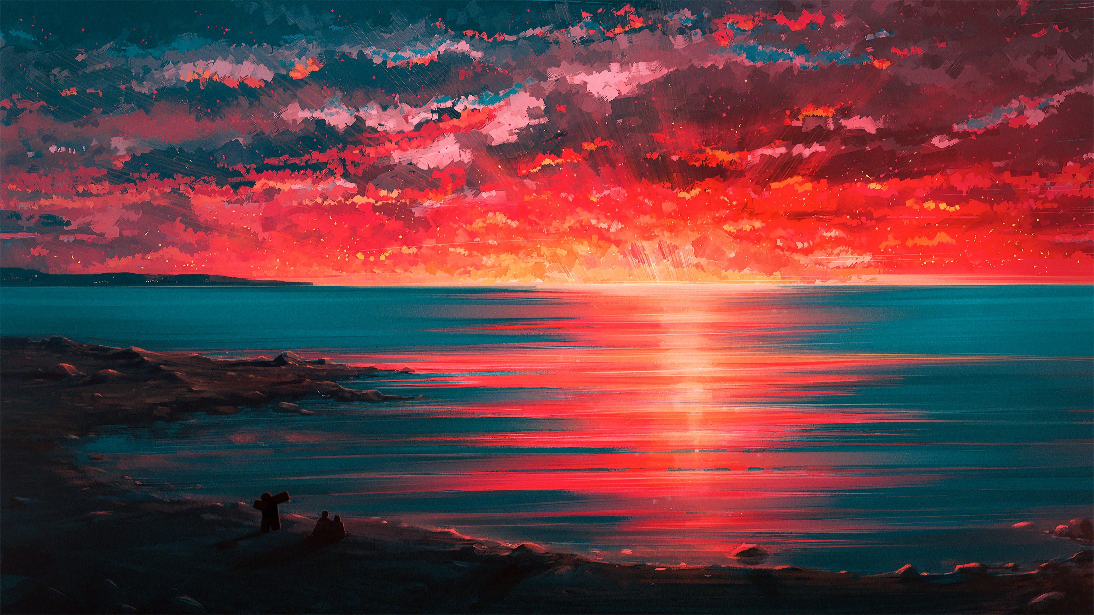 dramatic sky, Beach, red, 4K, beauty in nature, Sunset, nature, idyllic, Digital art, cloud - sky, orange color, land, tranquil scene, Horizon, sea, motion, HD Wallpaper