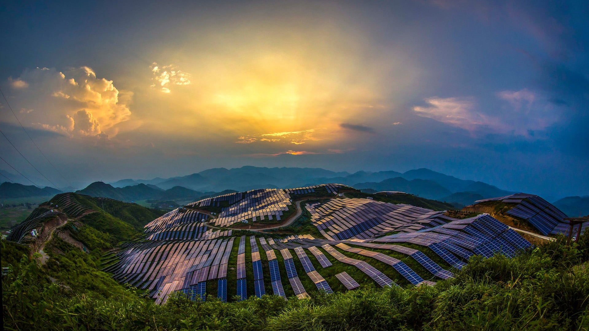 power plant, China, ancient civilization, cloud - sky, mountain range, sun rays, no people, sunset, trees, tranquil scene, solar power, plant, hills, forest, HD Wallpaper