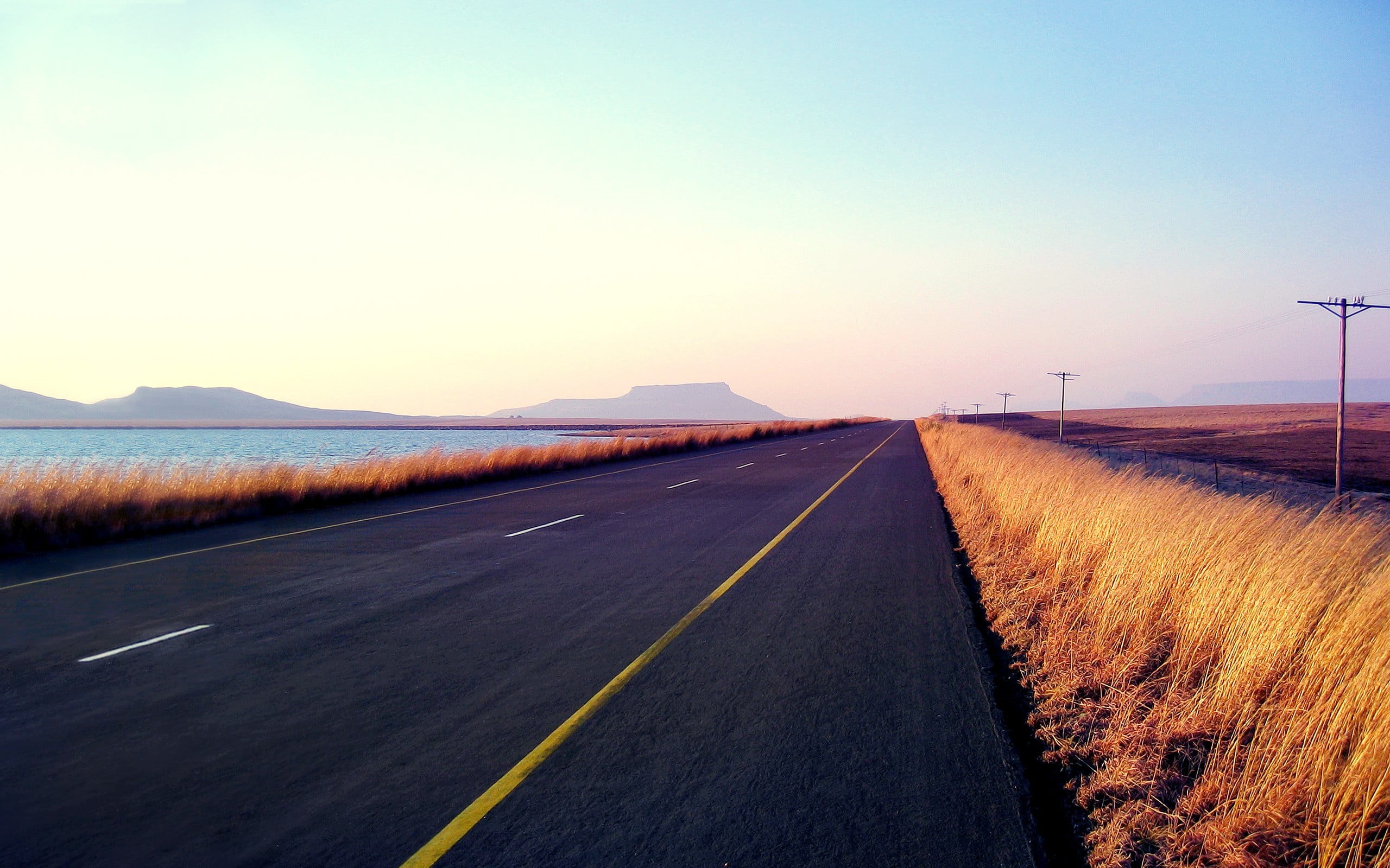transportation, copy space, road marking, direction, scenics - nature, landscape, 2K, tranquility, road, nature, no people, diminishing perspective, tranquil scene, HD Wallpaper