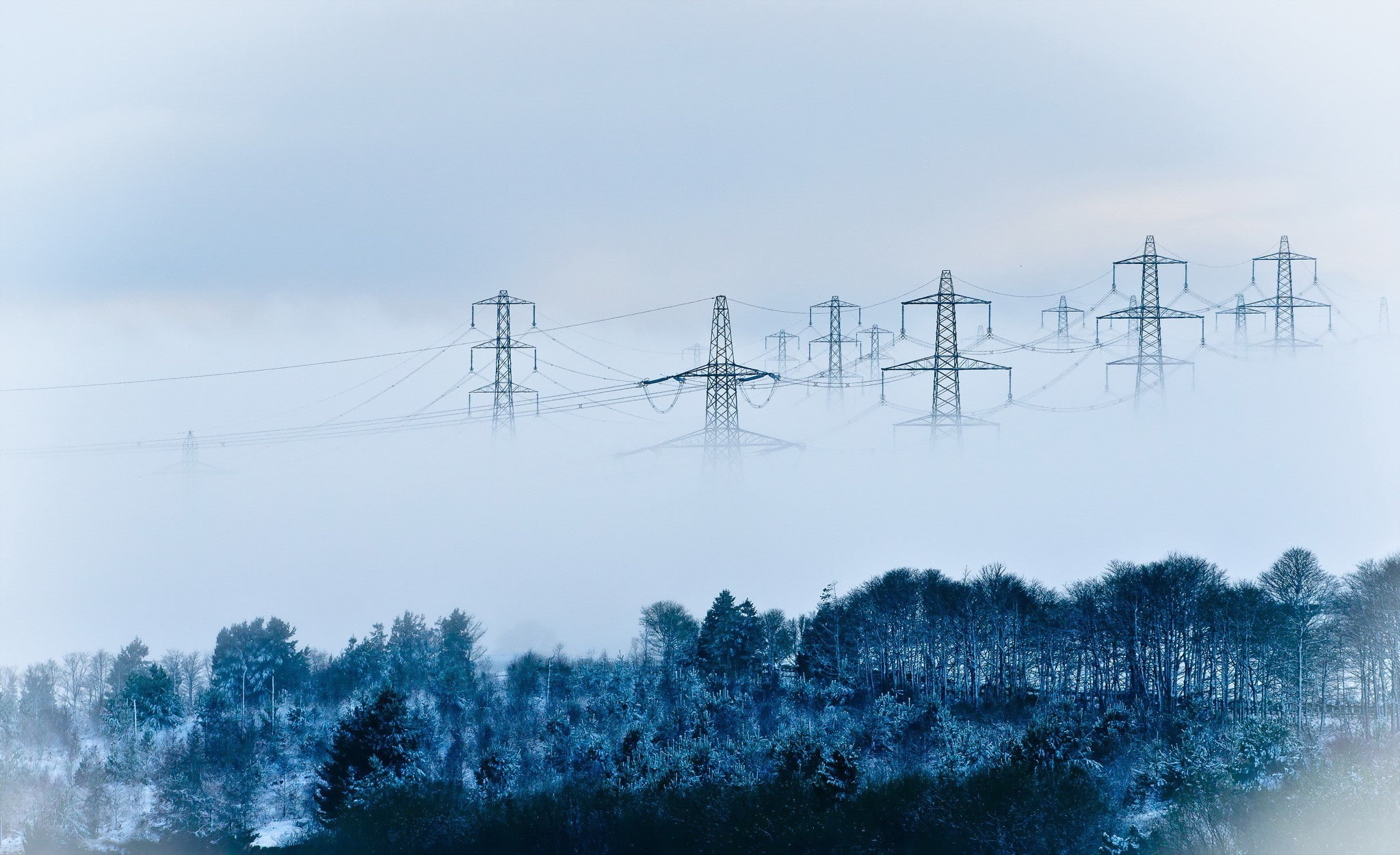 landscape, power lines, 1080P, nature, mist, HD Wallpaper