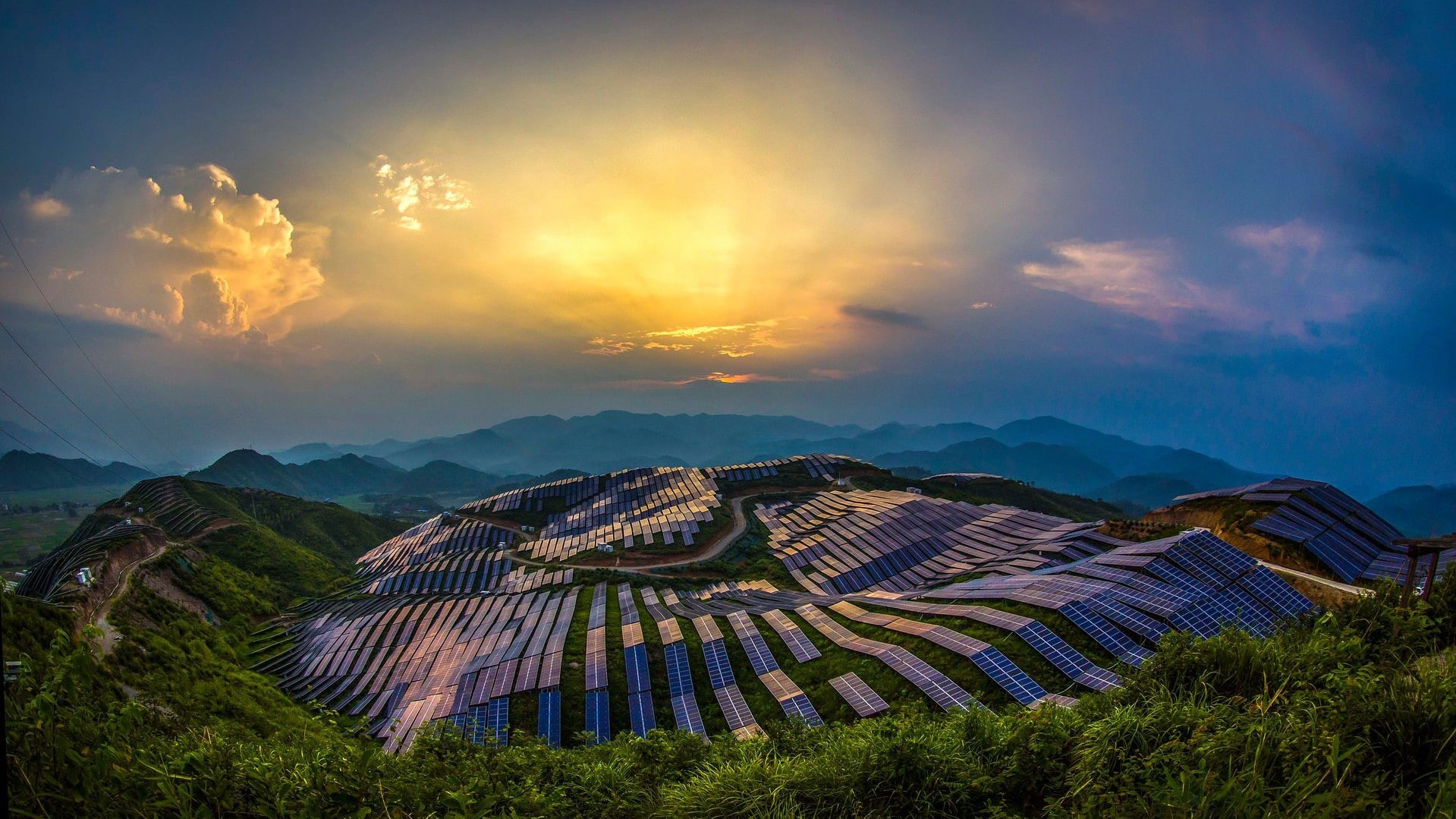 solar power, panels, mountains, clouds, Sun, China, nature, power plant, forest, road, hills, 720P, sun rays, landscape, trees, HD Wallpaper