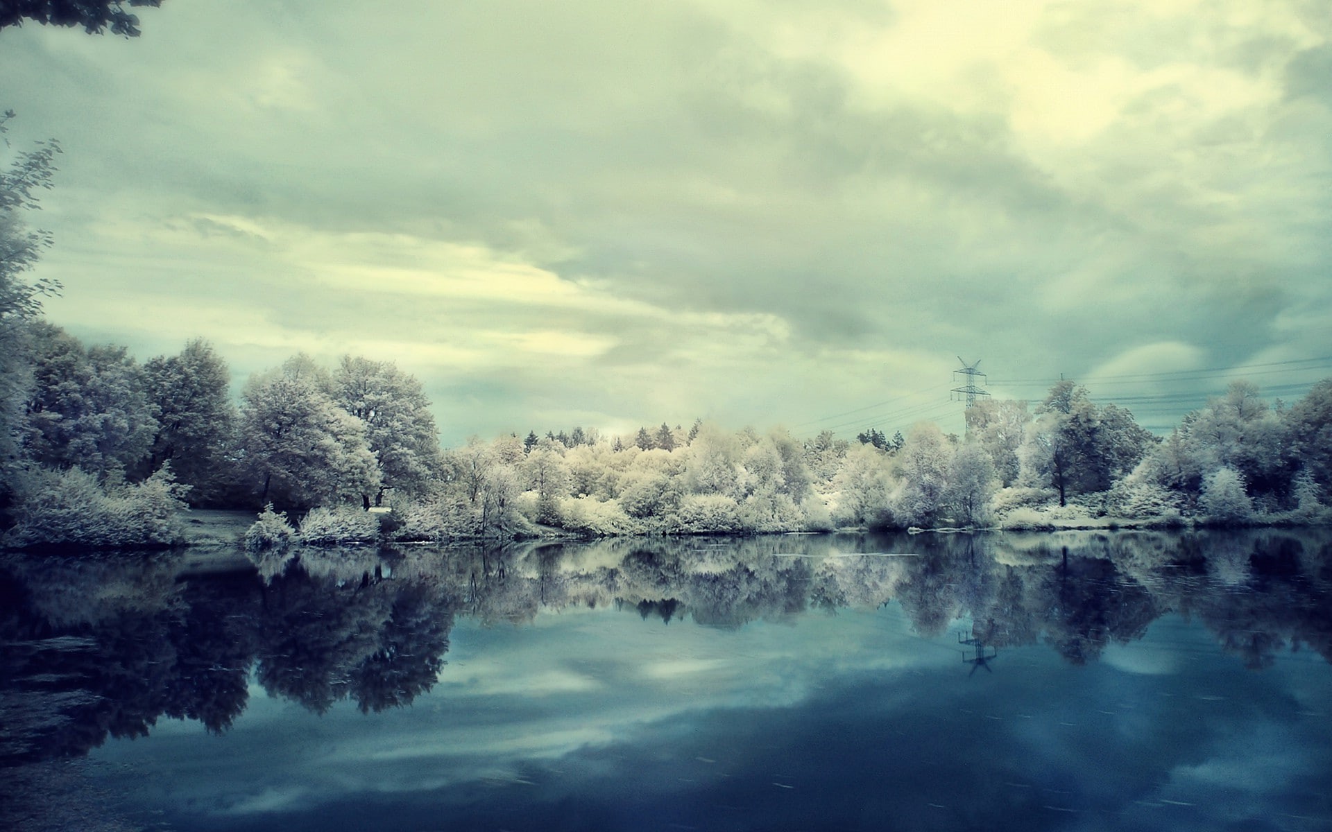 tranquil scene, day, lake, plant, forest, reflection, power lines, no people, tree, landscape, sky, water, idyllic, scenics - nature, 1080P, tranquility, HD Wallpaper