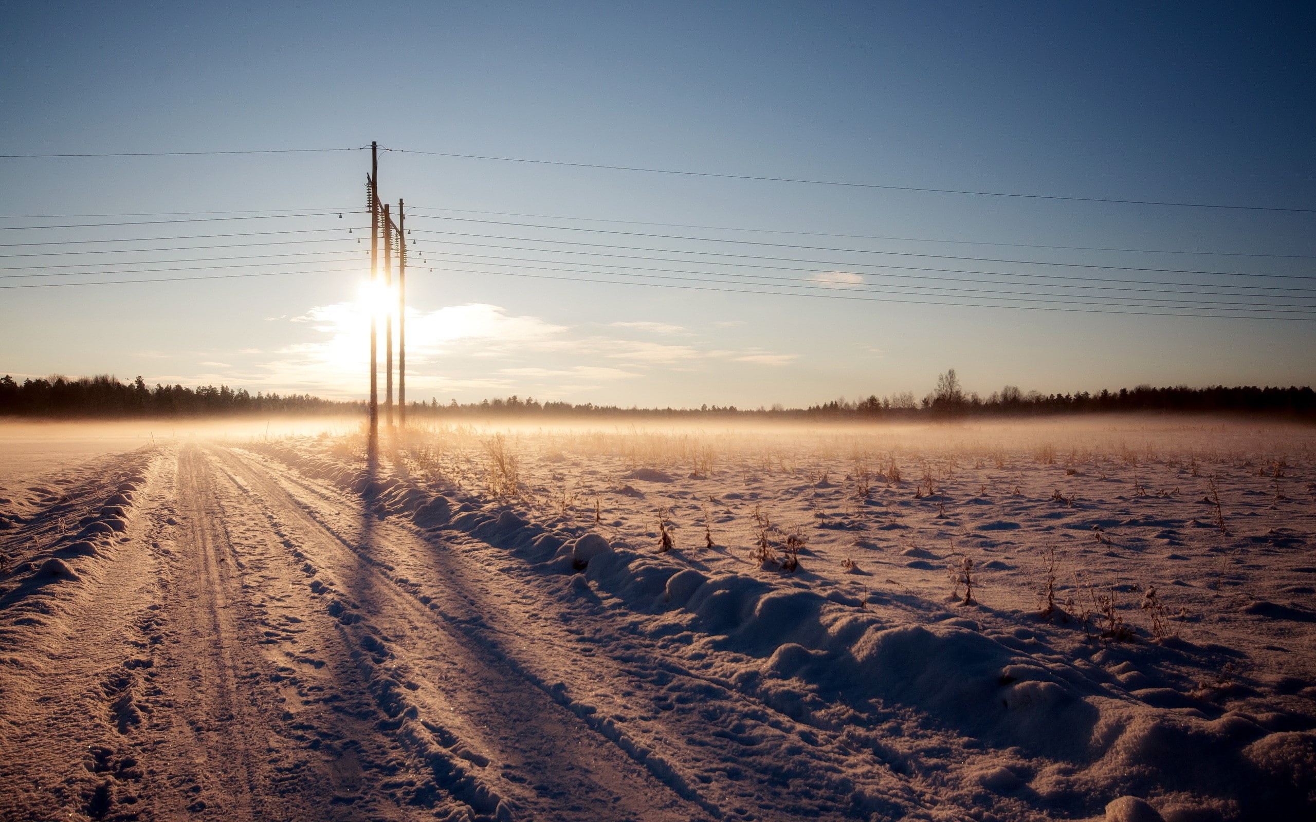 sky, power lines, winter, land, electricity, scenics - nature, cold temperature, tranquility, landscape, outdoors, tranquil scene, nature, technology, 2K, HD Wallpaper