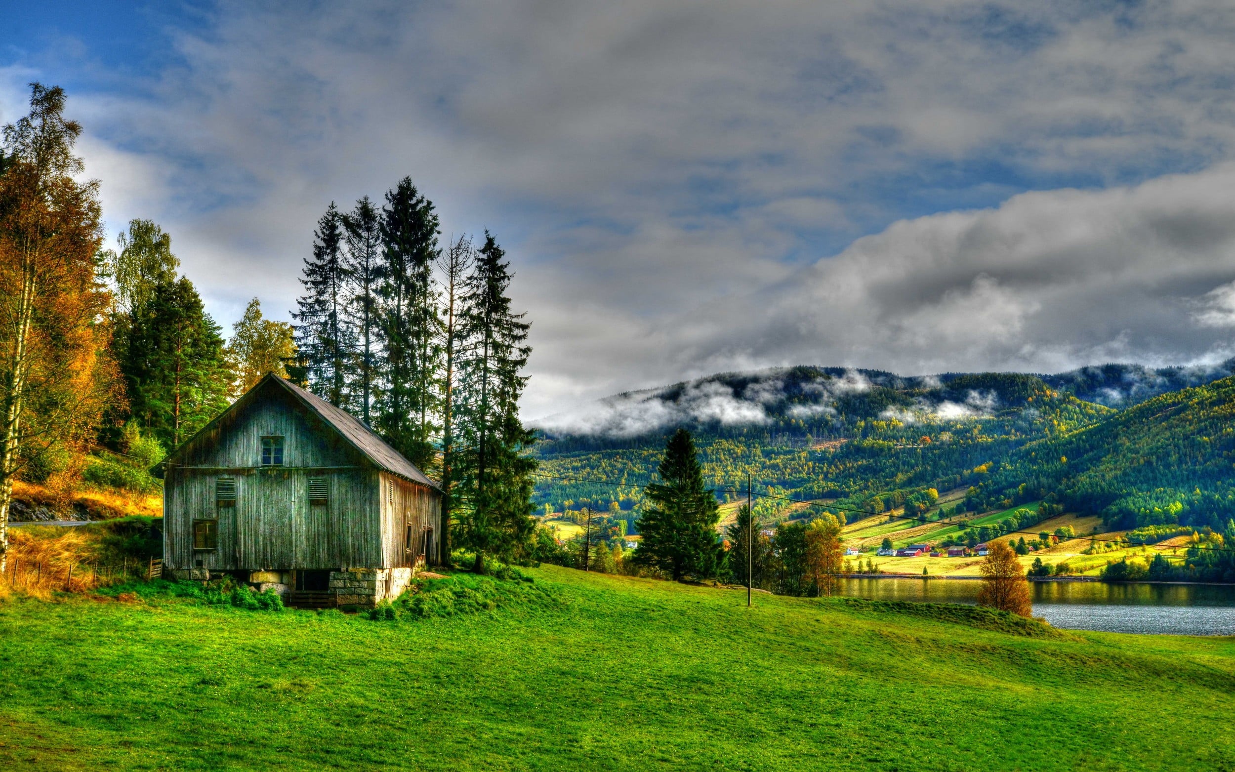 building, no people, forest, sky, grass, trees, nature, scenics - nature, heavy, clouds, cloud - sky, tranquil scene, land, built structure, agricultural building, HD Wallpaper