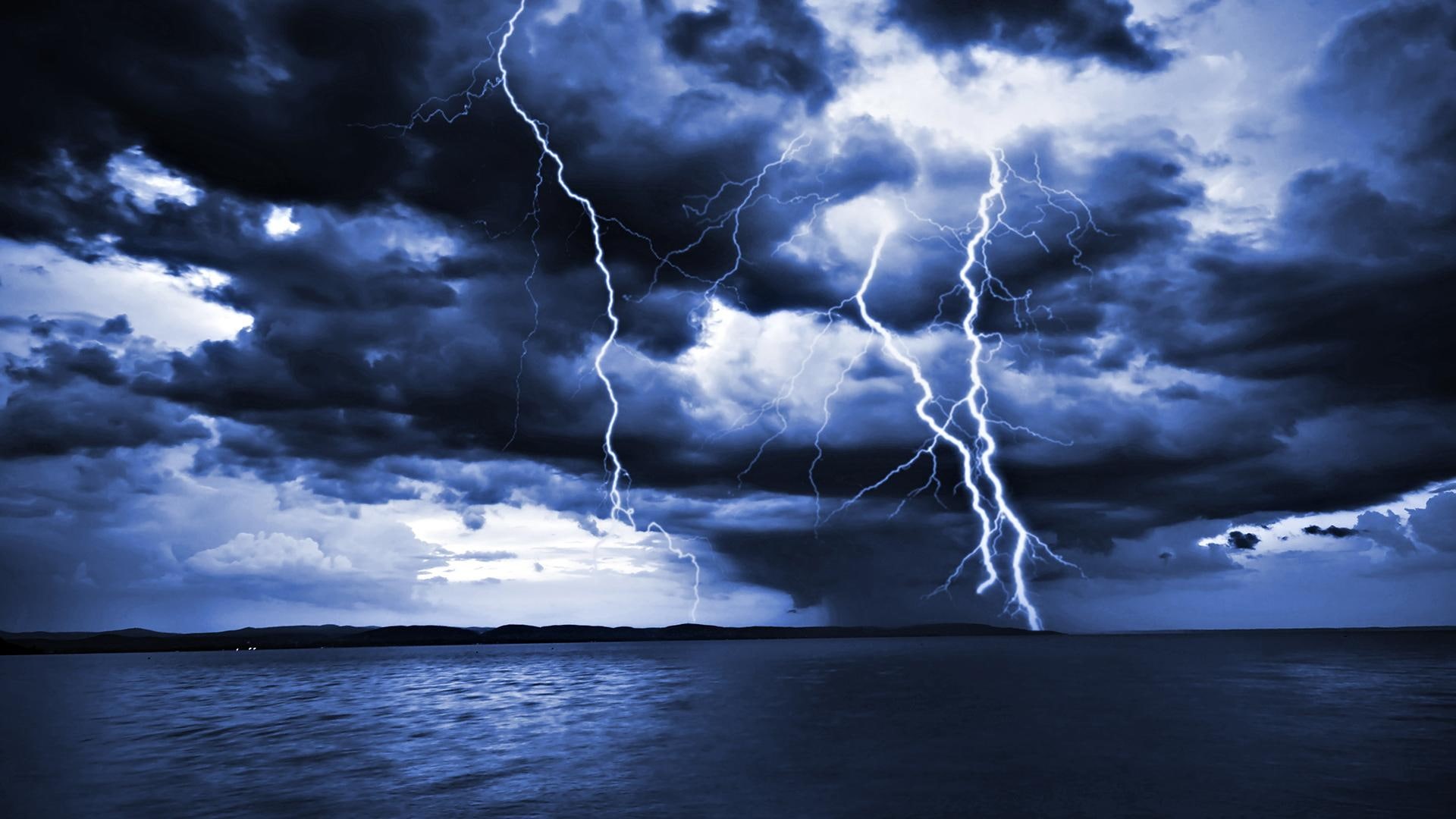 lightening, 1080P, 3d and abstract, clouds, electrifying, forces of nature, powerful, ligtening, seen, storm, sea, HD Wallpaper